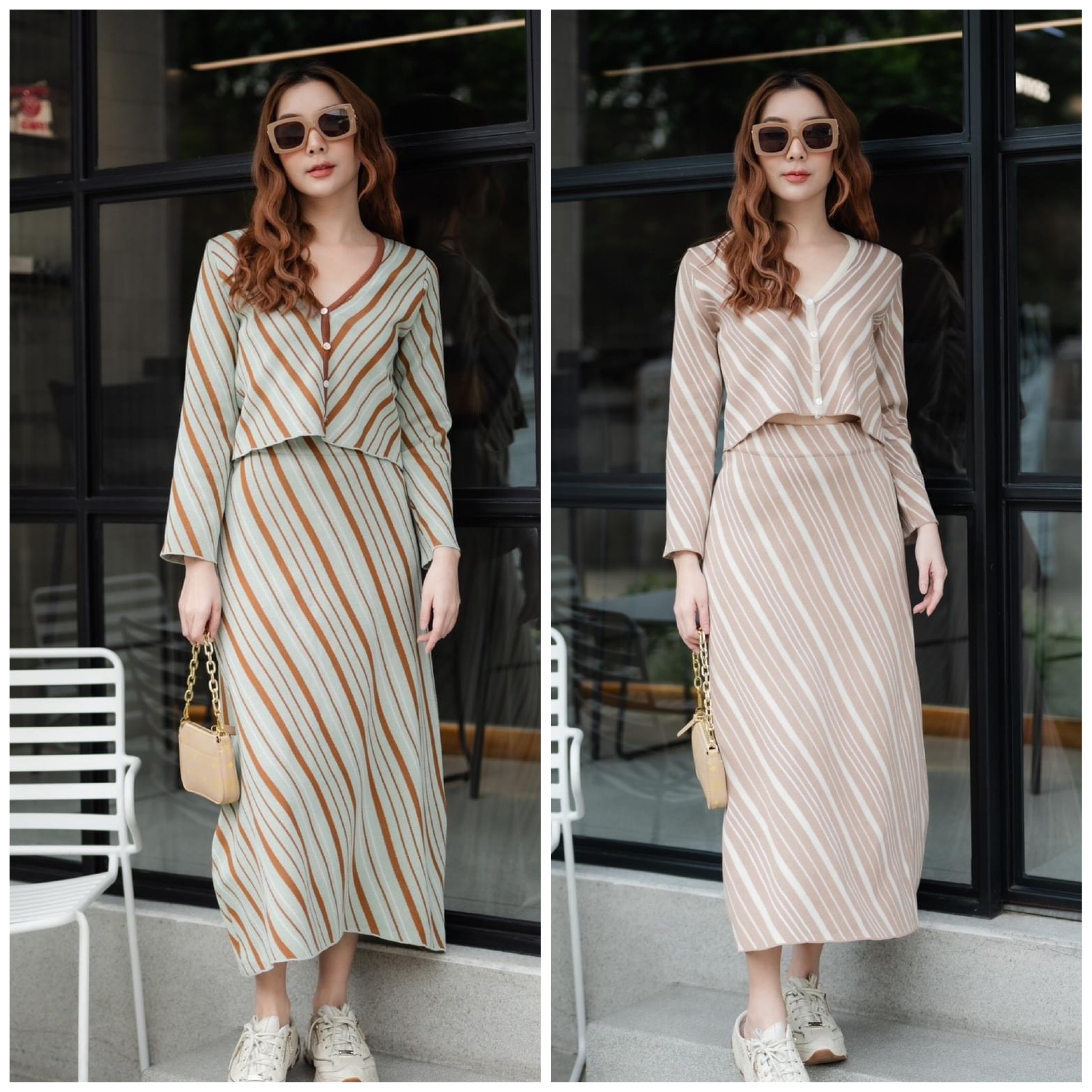 Set 2 pcs เสื้อไหมพรมแขนยาว แต่งกระดุมเรียงแกะออกได้จริง มาพร้อมกระโปรงเอวยืด ใส่สบาย สินค้าคุณภาพ (พร้อมส่ง)