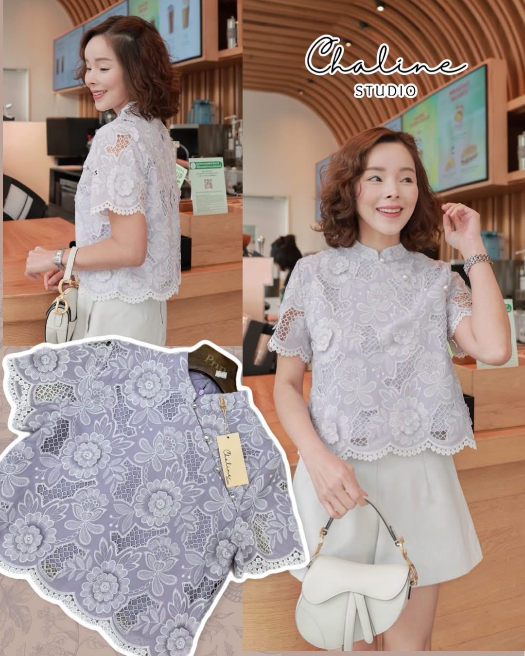 เสื้อแขนสั้นคอจีน ผ้าคอตตอน3D เนื้อนุ่ม สีสวยละมุน ชายแขน ชายเสื้อหยักโค้งสวยเข้ากัน เนื้อผ้าปักฉลุลาย3Dทั้งตัว ช่วงคอแต่งกระดุมมุกป้ายข้างน่ารัก ใส่สบาย : สินค้าคุณภาพ (พร้อมส่ง)