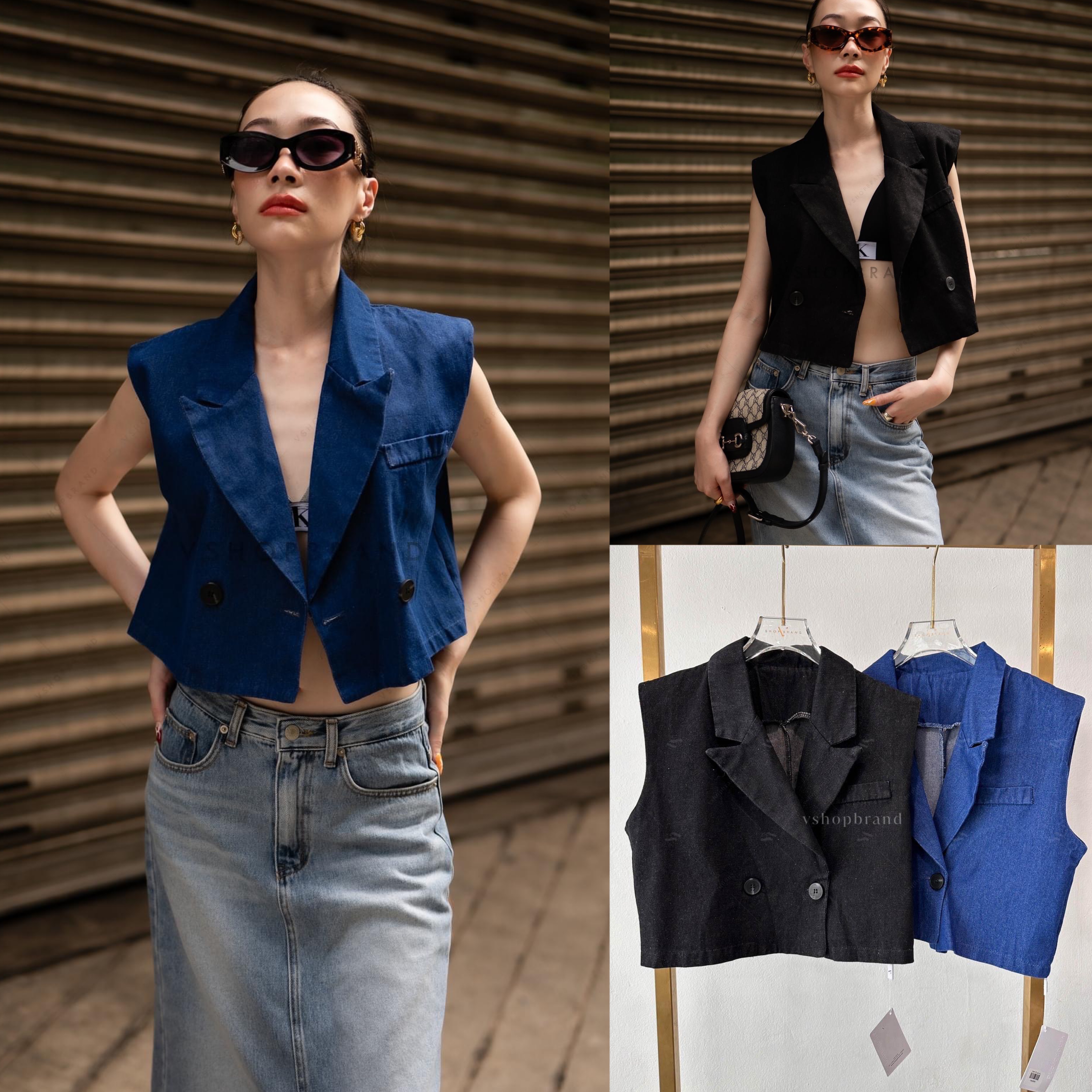 กั๊กสูทยีนส์แขนกุด กระดุม 2 เม็ด : สินค้าคุณภาพ (พร้อมส่ง)