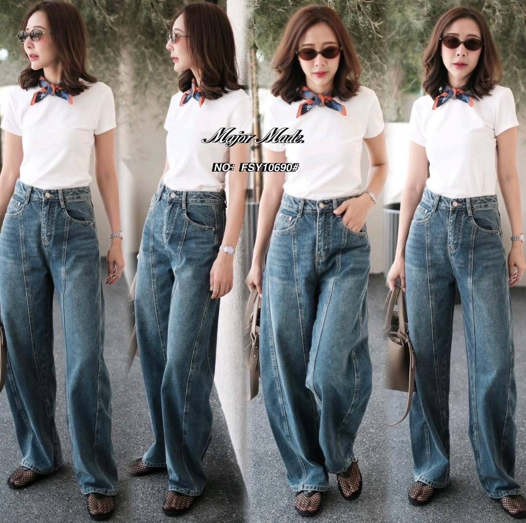 กางเกงยีนส์ทรง Barrel (ผ้าไม่ยืด)ทรงขากระบอกใหญ่ งานป้ายกาหลี🇰🇷 เก๋ๆ ทรงยอดฮิตตต ทรงเย็บแต่งตะเข็บด้านข้าง เอวสูง ใส่สบาย : สินค้าคุณภาพ (พร้อมส่ง)