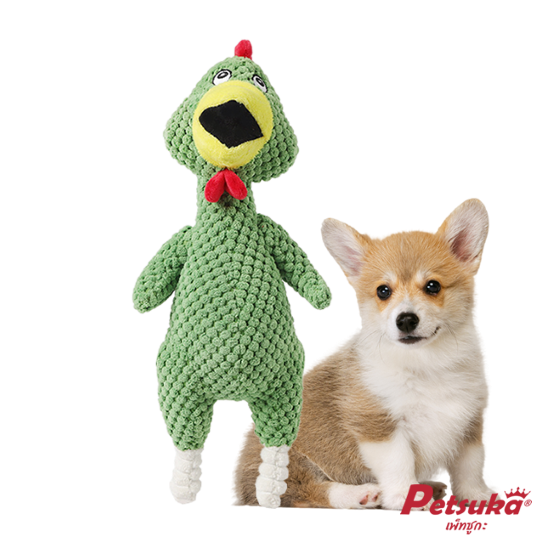 ตุ๊กตาไก่โอ๊ก Petsuka ของเล่นขัดฟันสัตว์เลี้ยง มีเสียงร้อง สีเขียว