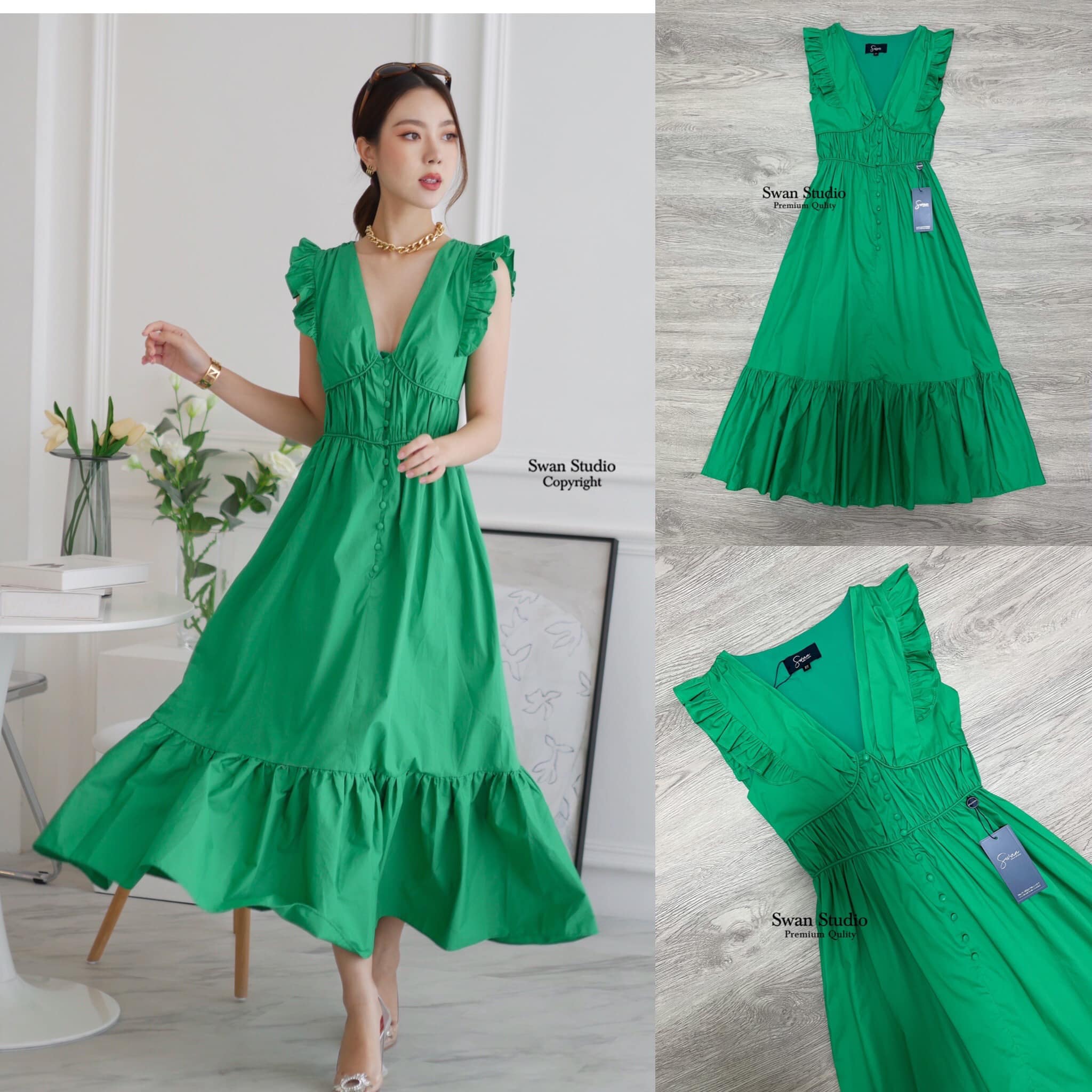 เดรสสีเขียว แขนแต่งระบายเล็กน้อย คอทรงวี แต่งกระดุมหน้าใช้งานได้จริง ชาย กระโปรงตัดต่อผ้าอีกชั้นให้ดูมีดีเทล เนื้อผ้า เชิ้ตอย่างดี ใส่ได้บ่อย สินค้าคุณภาพ (พร้อมส่ง)