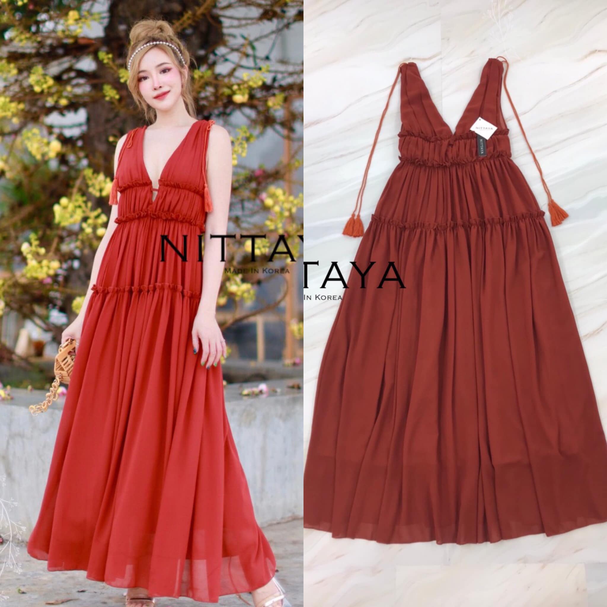 เดรสยาวคอวีคว้านลึกเย็บระบาย3ชั้น ไหล่แต่งสายพู่ : สินค้าคุณภาพ พร้อมส่ง