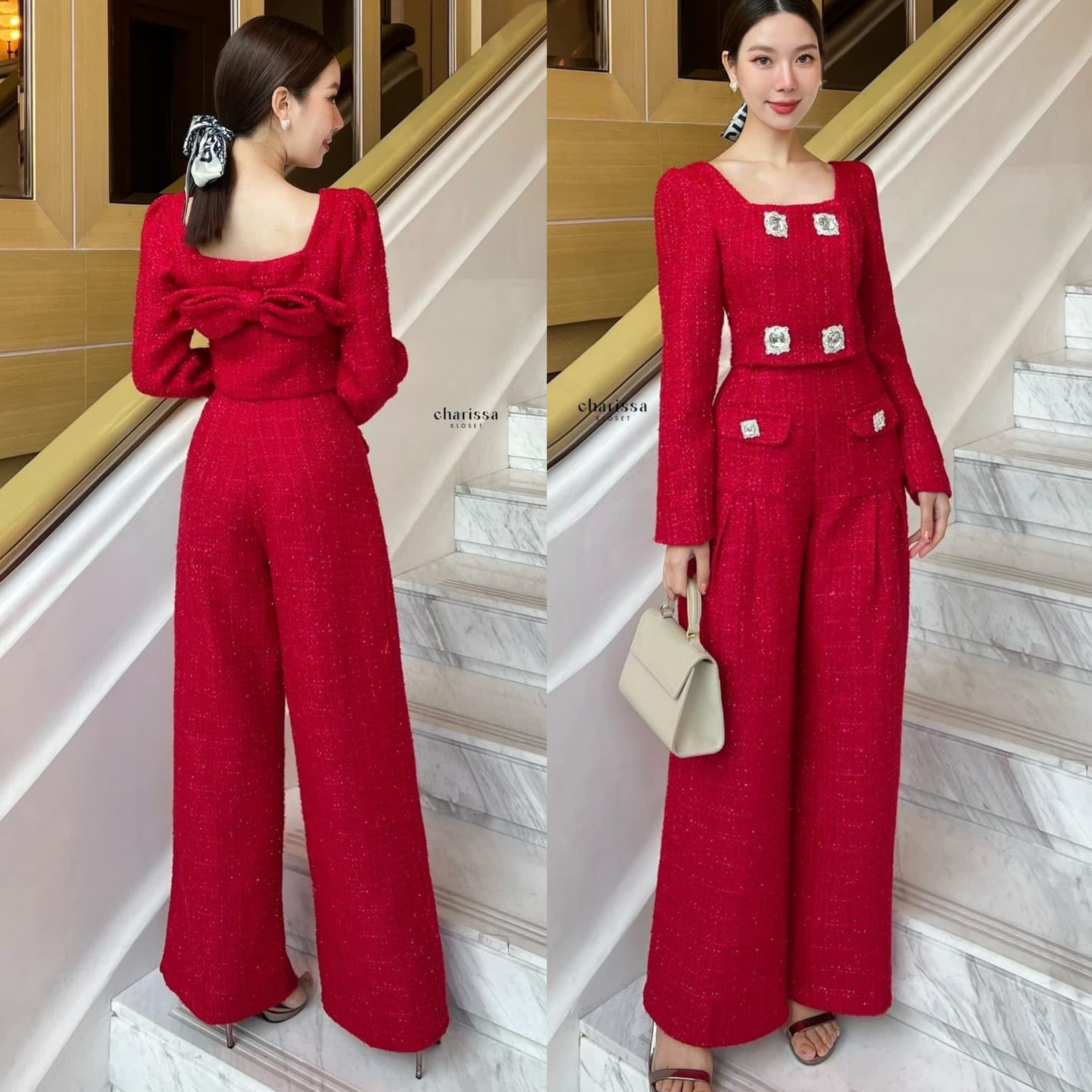 เซ็ทเสื้อสูทผ้าทวิตแต่งกระดุมเพชรหรู 4 เม็ดใหญ่ด้านหน้า ด้านหลังแต่งโบว์ใหญ่เย็บติดเสื้อ (ถอดได้) ตัวเสื้อมีซับในทั้งตัว +กางเกงขาวยาวกระบอกใหญ่ ใส่สบาย : สินค้าคุณภาพ (พร้อมส่ง)