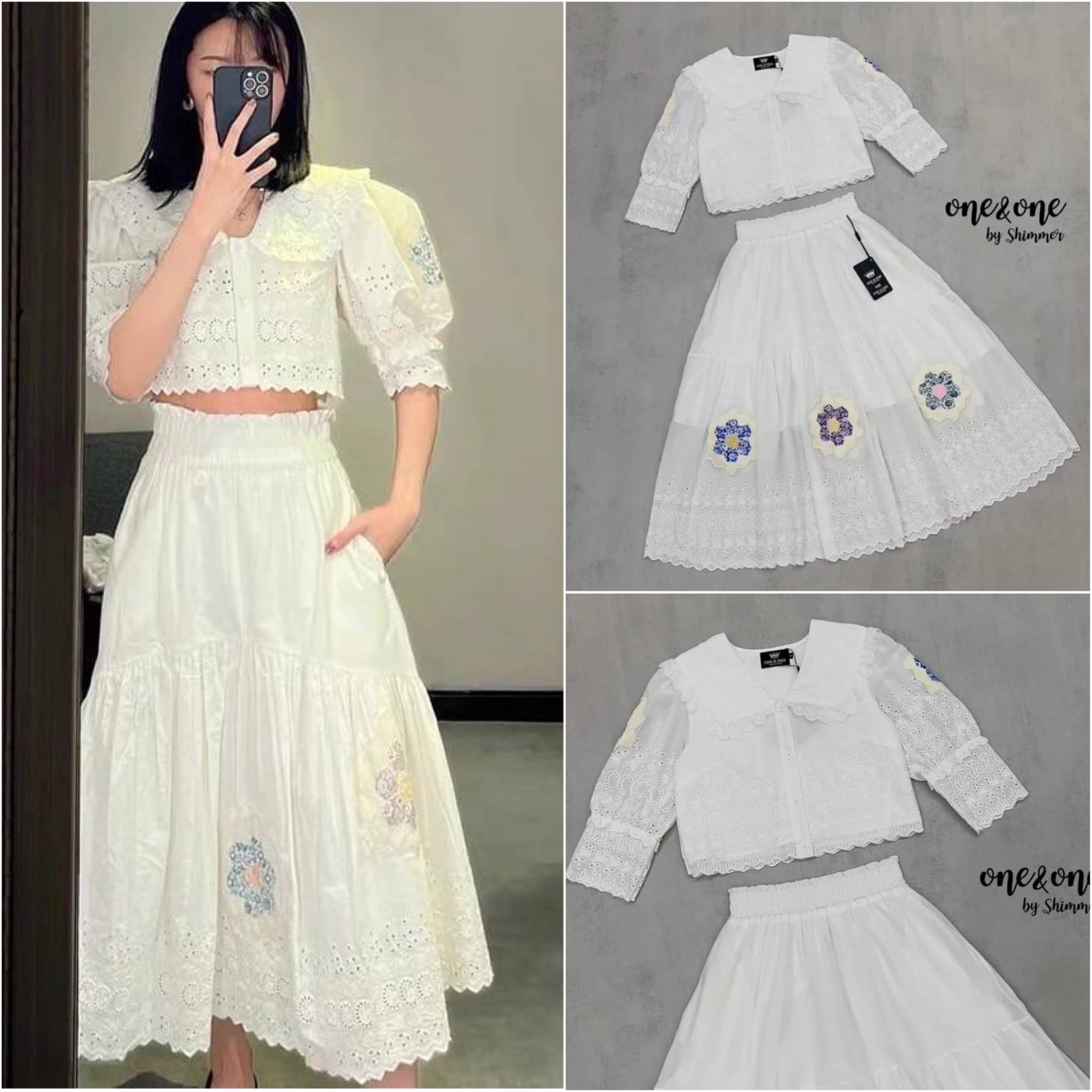 เสื้อครอปคอตตอนปักและฉลุลาย แต่งดอกไม้ที่แขน แมทช์ คู่กับกระโปรง เอวสม็อคตัดต่อแพท เทิร์นสองเลเยอร์ปักและฉลุลายตกแต่งด้วย ดอกไม้ . สินค้าคุณภาพ (พร้อมส่ง) .