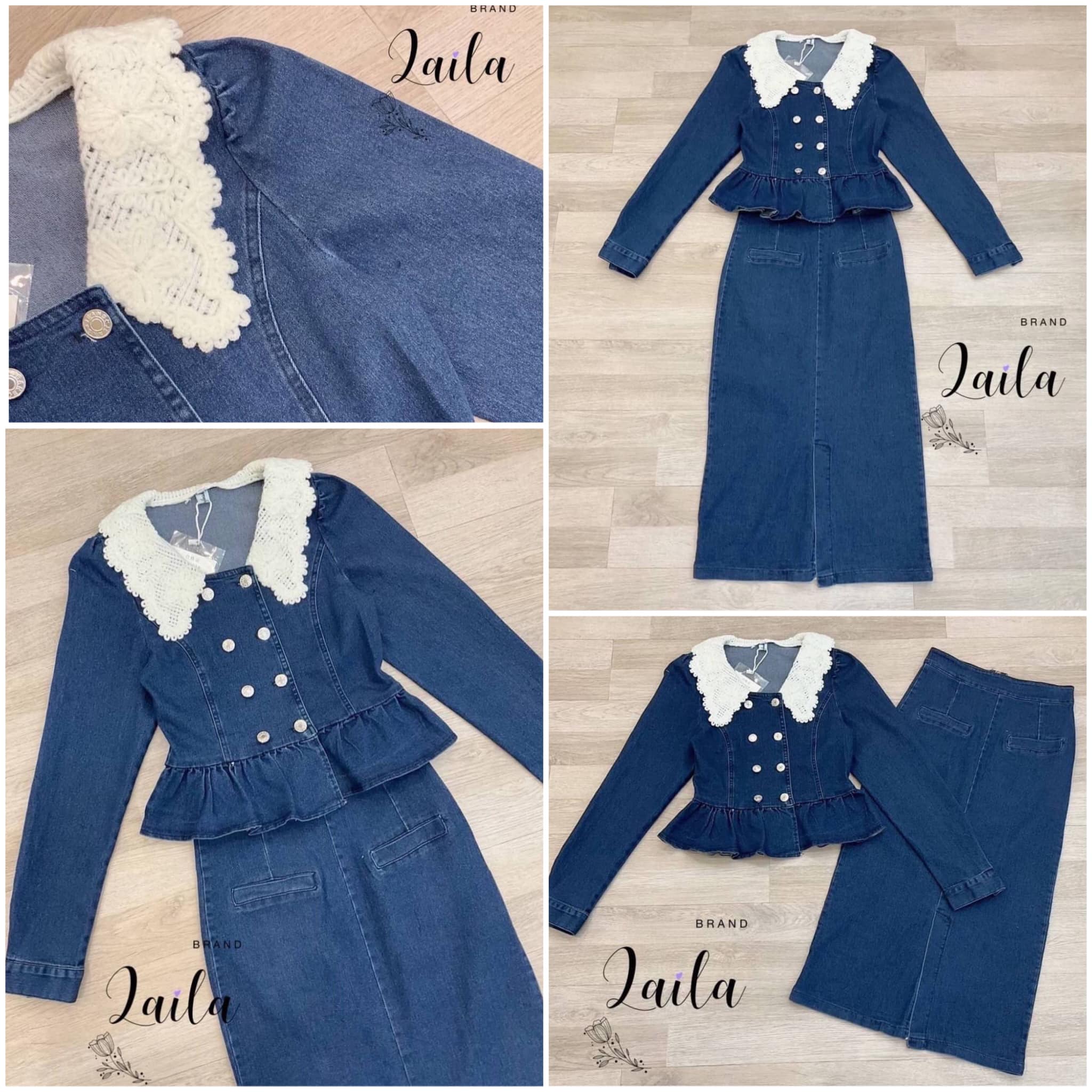 ชุดเซ็ทยีนส์ เสื้อแขนยาวคอปกช่วงคอเป็นงานผัก กระดุมหน้าแต่งระบายชายเสื้อ มาพร้อม กระโปรงทรงสวยแต่งผ่าหน้าเก๋ๆ สินค้าคุณภาพ (พร้อมส่ง)