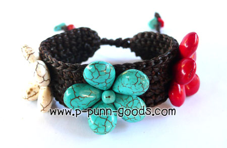 ข้อมือเชือกเทียนถัก โครเชต์ หินเทอร์ควอยส์ รูปดอกไม้