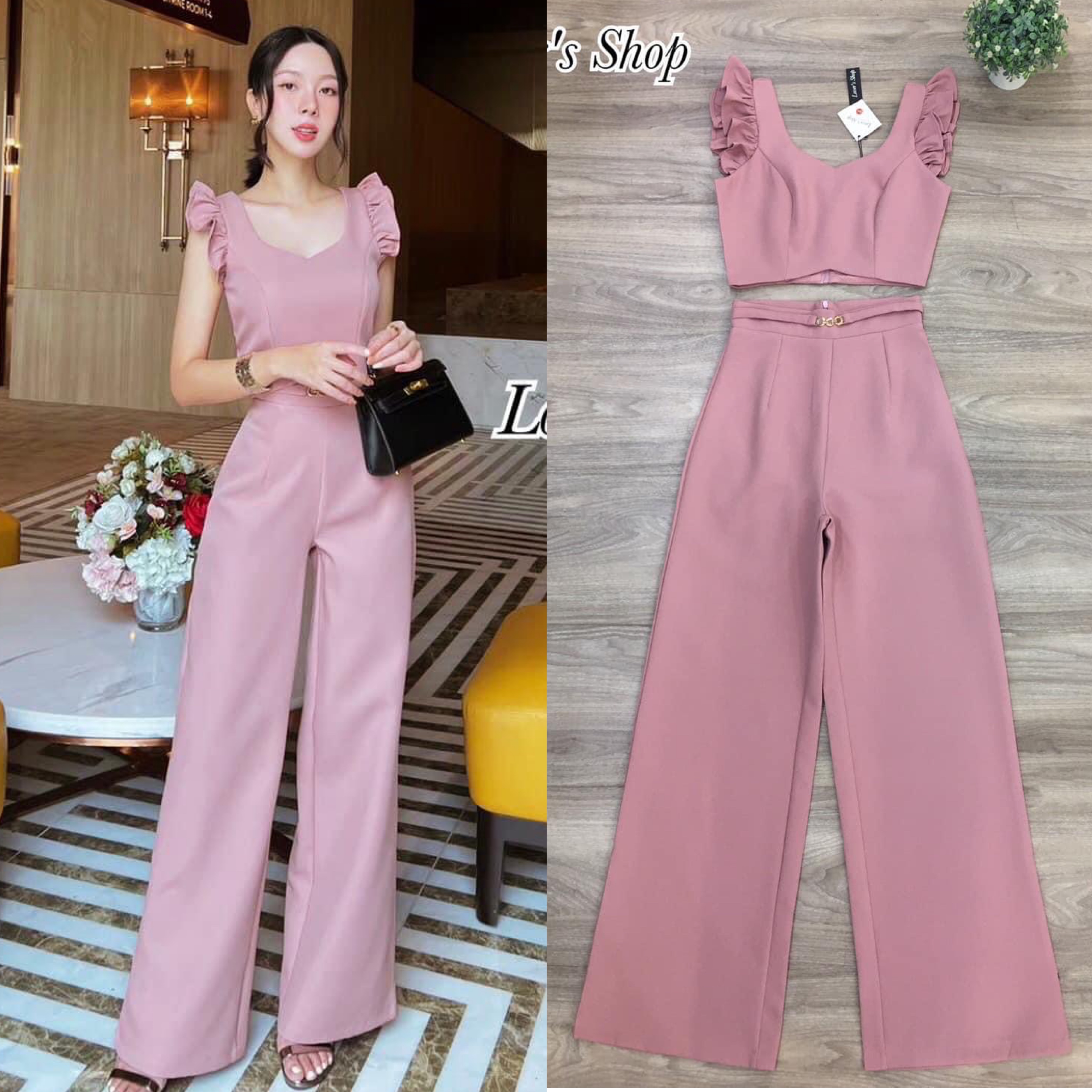 Set.2ชิ้น เสื้อคร็อปแขนระบายทรงสวย มาพร้อมกางเกงเอวสูงขายาว ช่วงเอวแต่งเข็มขัดในตัว เนื้อผ้าหนาอัดผ้ากาวอย่างดี สินค้าคุณภาพ (พร้อมส่ง)