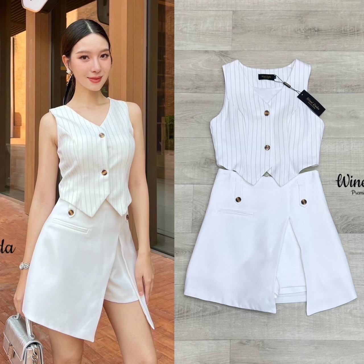 Set 2 Pcs. เซ็ทเสื้อแขนกุดลายทางผ้าดีมาก มาพร้อมกับกางเกงกระโปรงสีพื้น แมชกันอย่างลงตัว อกมีฟองน้ำ ซับในทั้งตัว ใส่สบาย สินค้าคุณภาพ (พร้อมส่ง)