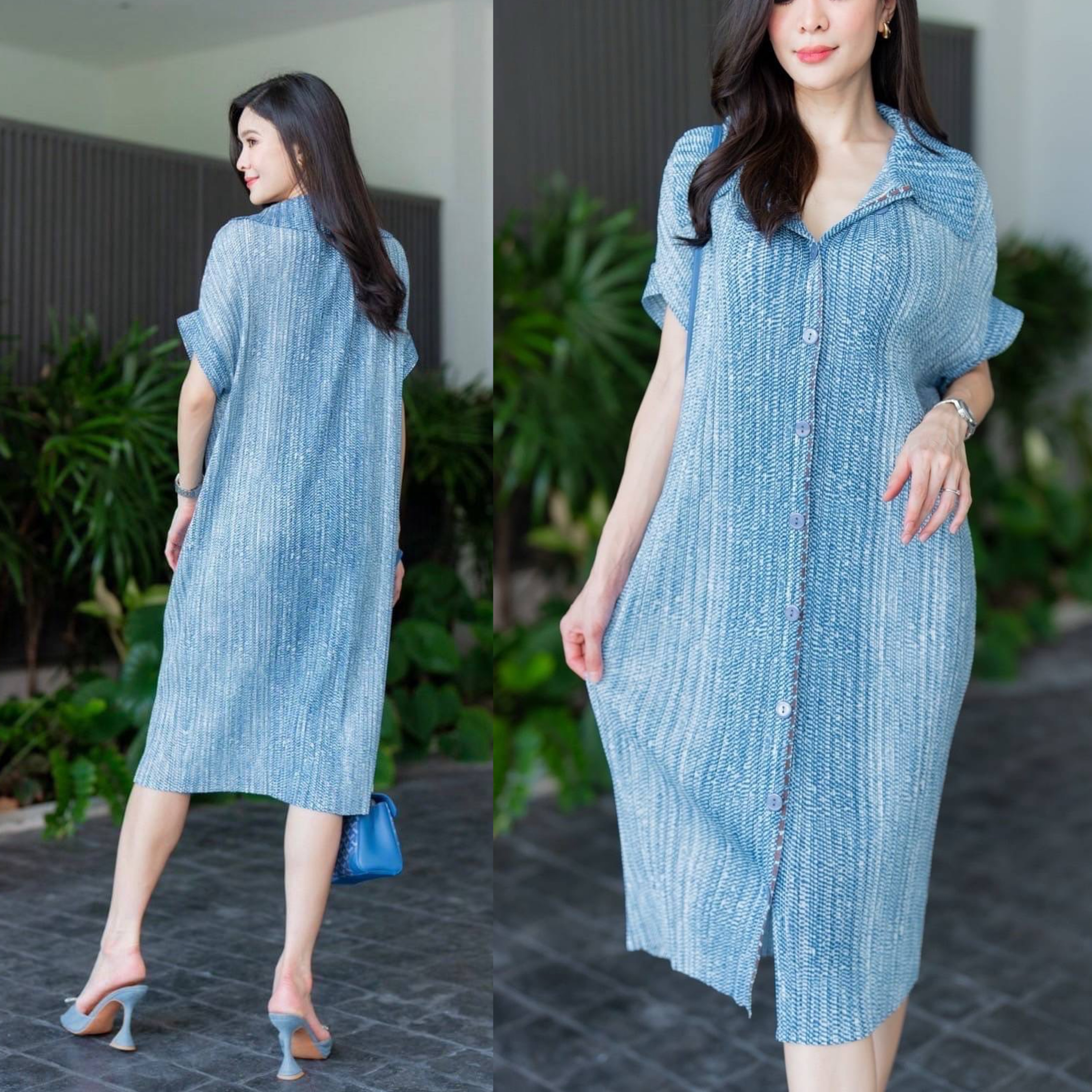 เดรสพลีทตัวยาวคอปกใหญ่ ทรงไหล่ล้ำ พับแขนเบิ้ล เกร๋กรู๊ดดด งานอัดพลีท 100% พลีท AA Premium ลายกราฟฟิค งานสวย ใส่สบาย : สินค้าคุณภาพ (พร้อมส่ง)