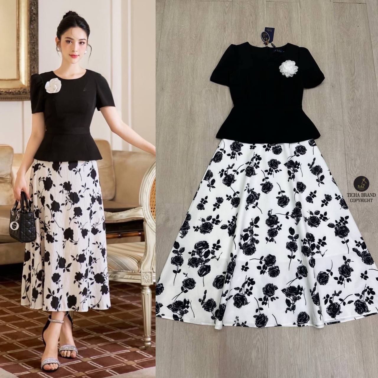 เซ็ต 2 ชิ้น เสื้อตัวยาวสีดำคอกลมแขนสั้นเย็บจับจีบช่วงบ่าให้ดูไหล่ยกสวย ( มีซิปด้านหลัง ) ช่วงอกแต่งเข็มกลัดดอกไม้สีขาว เพิ่มมิติให้กับชุด มาพร้อมกับกระโปรงยาวซิปหลัง สินค้าคุณภาพ (พร้อมส่ง)