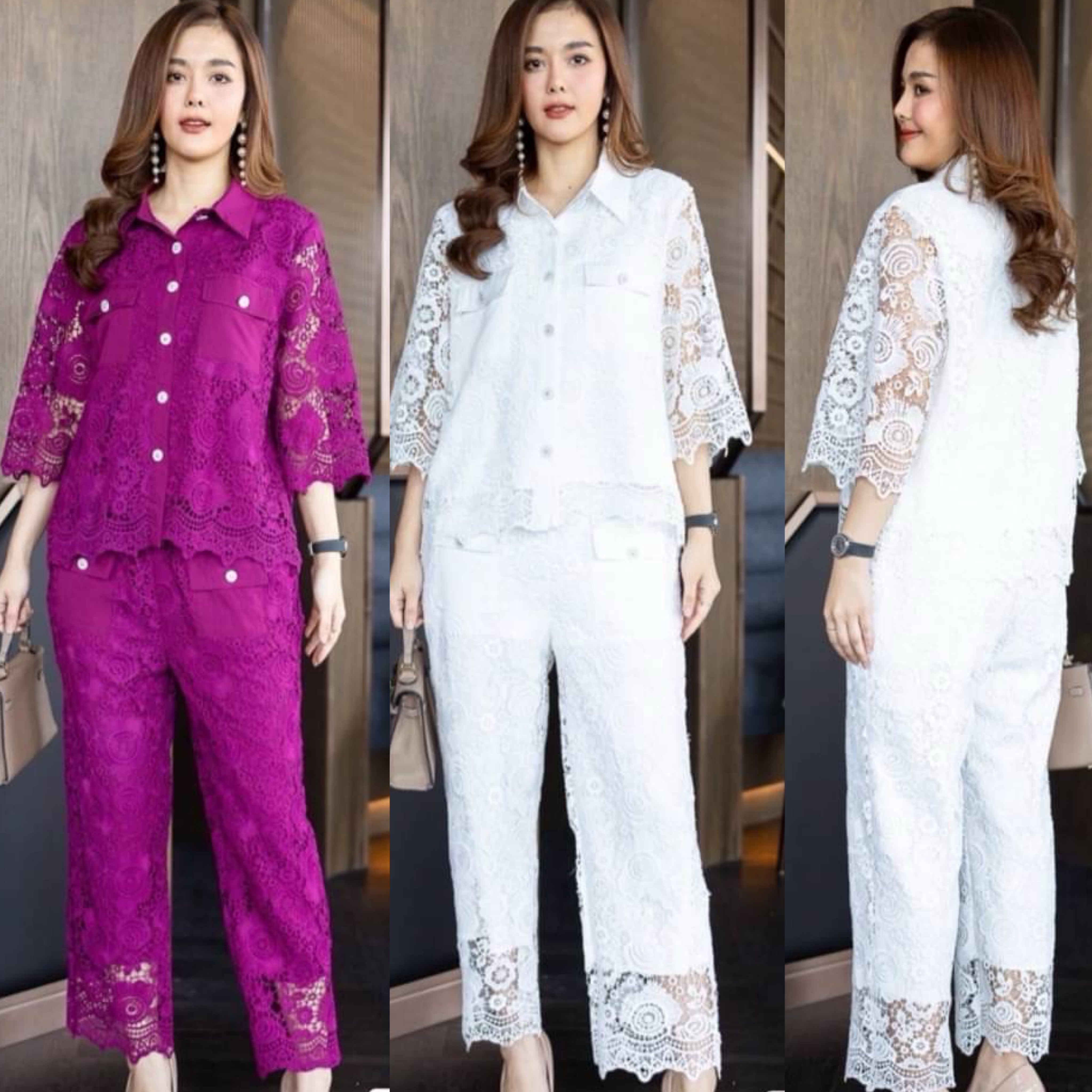 ชุดเซ็ทลูกไม้ลายเชิง ทั้งชุด แต่งกระเป๋าทั้งเสื้อและ กางเกง ประดับด้วยกระดุมมุก มีซับในทั้งชุด ใส่สบาย สินค้าคุณภาพ (พร้อมส่ง)