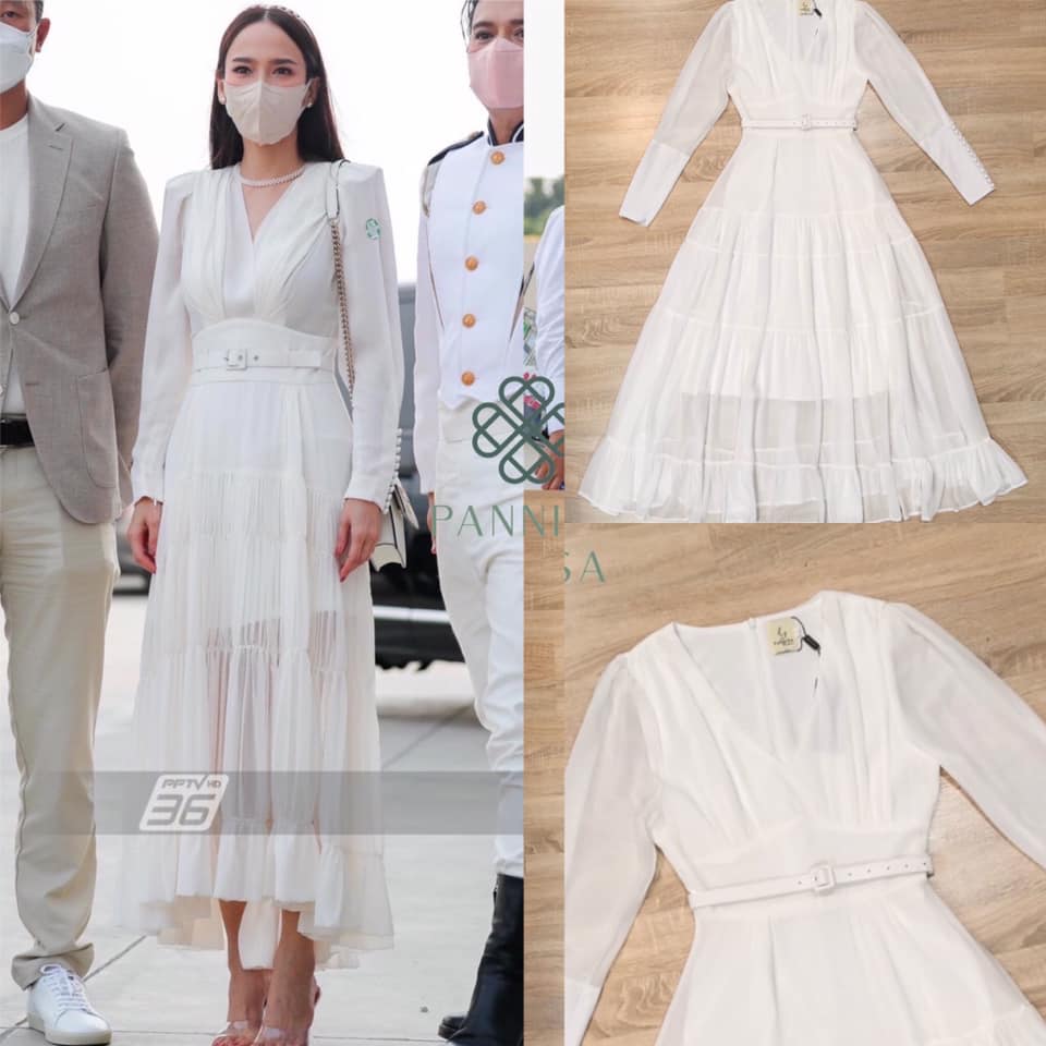 Maxi dress สีขาวแขนยาว มาพร้อมเข็มขัด ตัวเสื้อเป็นคอวี ใส่แล้วดูคอยาวผอมเพรียวสุดๆ สินค้าคุณภาพ (พร้อมส่ง)