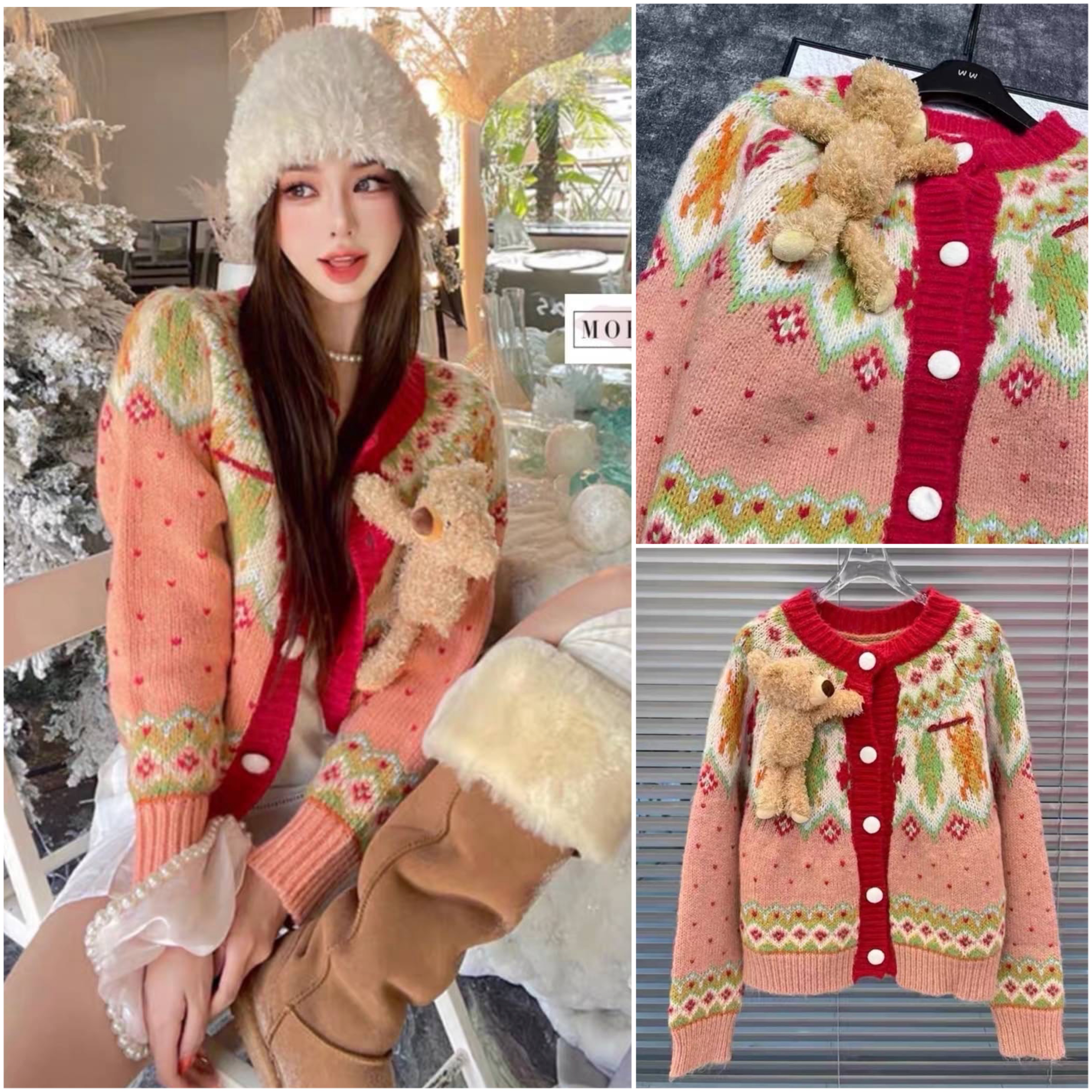 เสื้อคลุมไหมพรมสีชมพูขอบแดงถักลาย +เข็มขัดตุ๊กตาหมีลุคคุณหนูน่ารักมาก ใส่สบาย : สินค้าคุณภาพ (พร้อมส่ง)