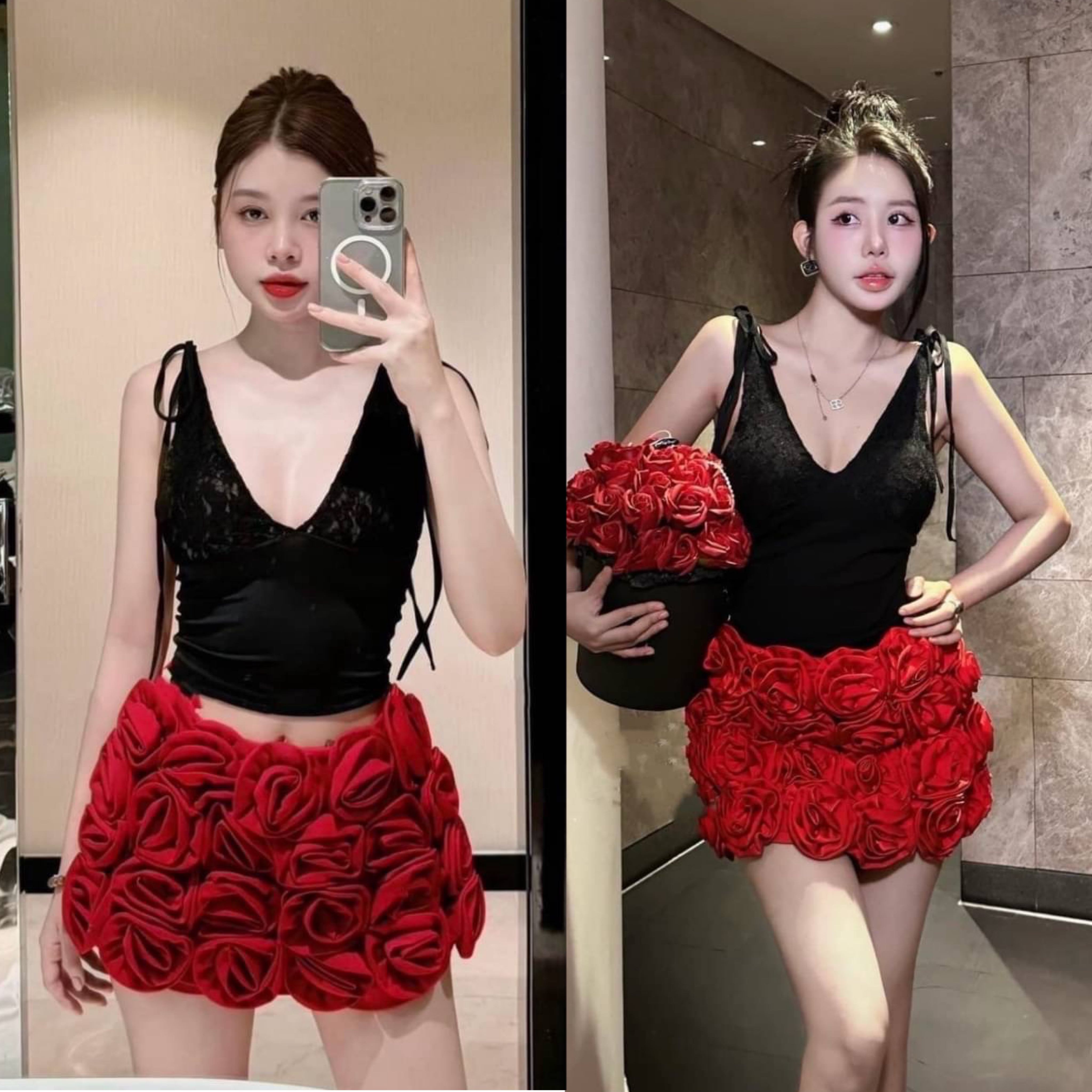 Set 2 ชิ้น เสื้อสายเดี่ยวผูกบ่าสีดอกแต่ง มาคู่กับกระโปรงสุดจี้ดสีแดงแต่งดอกไม้ดอกแน่นๆ ทั้งชุดงานมีซับและซับในกางเกง ใส่สบาย : สินค้าคุณภาพ (พร้อมส่ง)