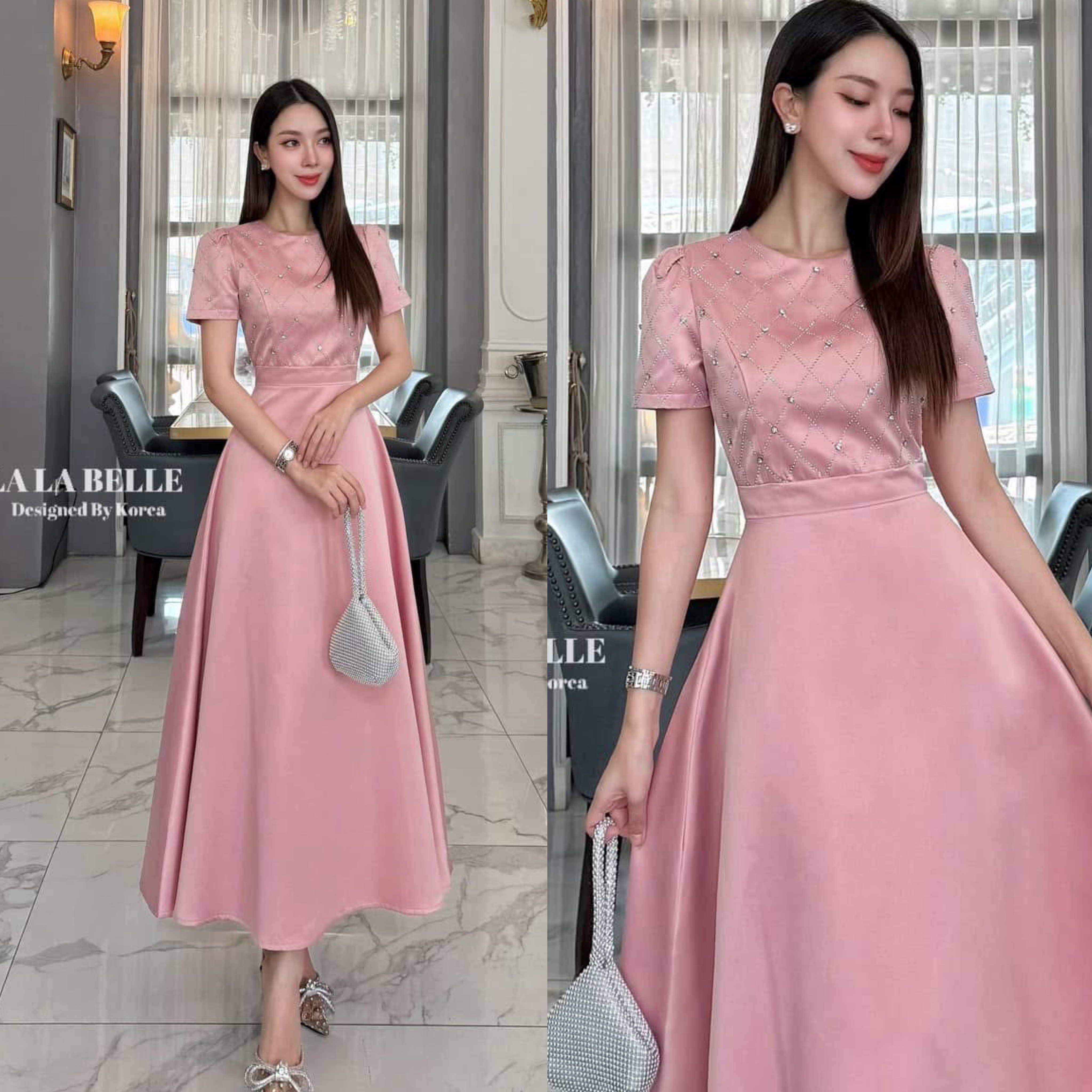 เดรสยาวผ้าซาตินอัดกาวผ้าหนามีน้ำหนักทิ้งตัวสวยทรงคอกลมยกไหล่แขนสั้นแต่งรีเพชรตารางพร้อมตอกเพชรเป็นเม็ดๆตามดีเทลเอวเข้ารูปเข้าทรงกระโปรงยาวทรงเอใช้ผ้าเยอะ ใส่สบาย : สินค้าคุณภาพ (พร้อมส่ง)