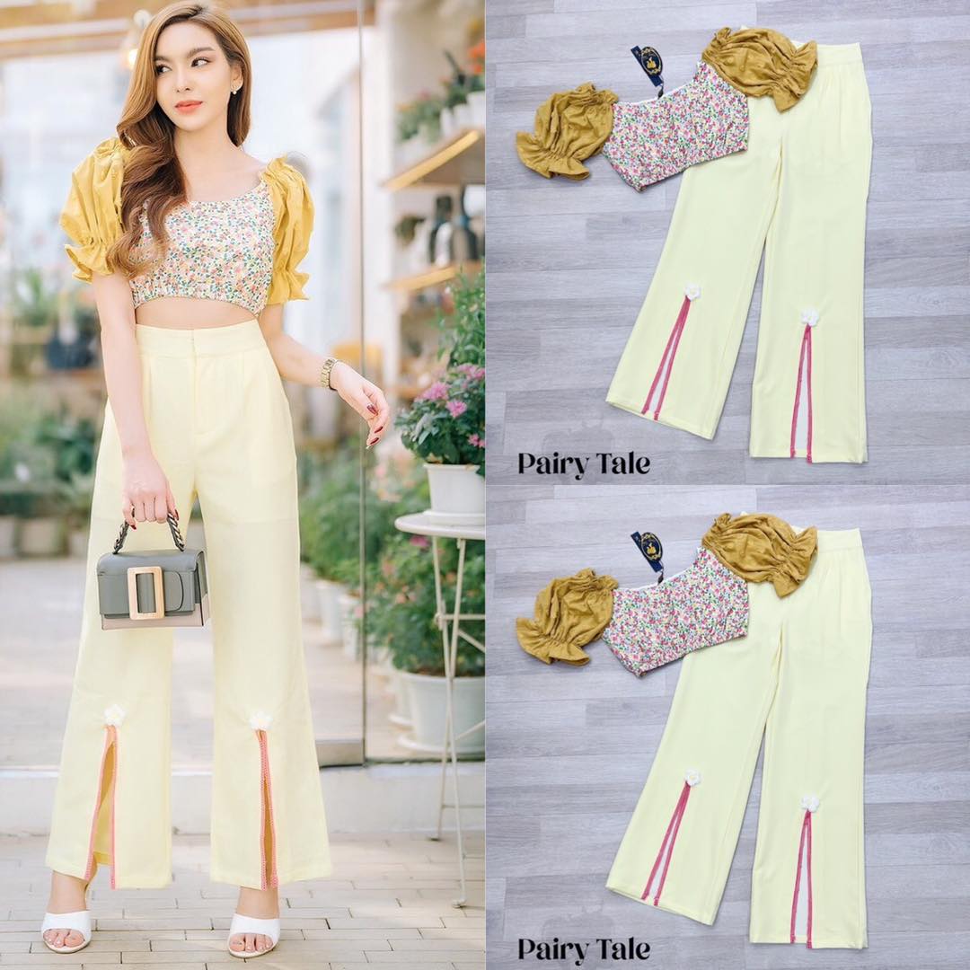 Set เสื้อลายดอกไม้เล็ก ผ้าแขนพองระบาย แมตกางเกงขายาวผ่า ด้านหน้าแต่งขอบลูกไม้ โทนสีเหลืองน่ารัก มากกก . สินค้าคุณภาพ (พร้อมส่ง)