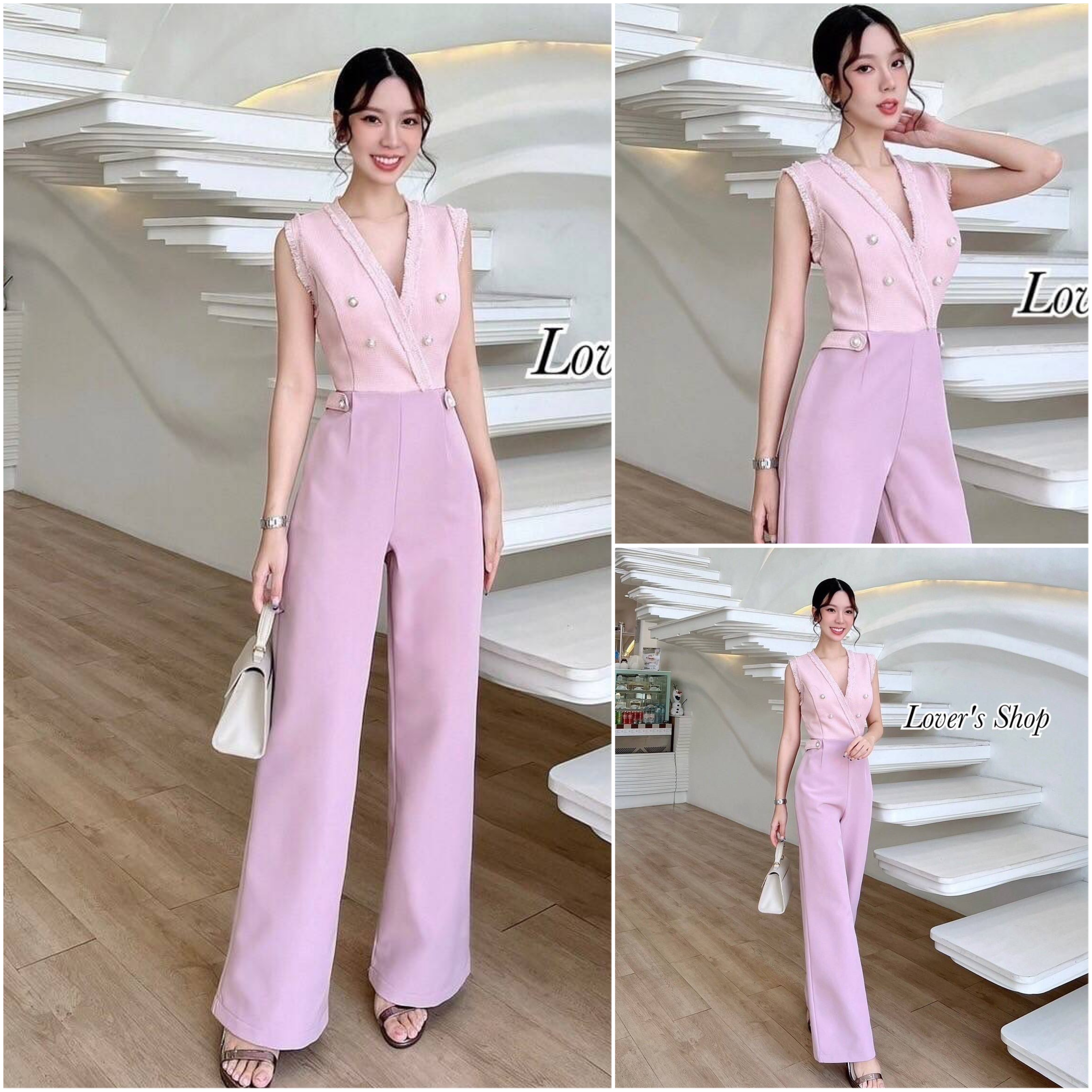 จั้มสูทกางเกงขายาว ช่วงเสื้อเป็นผ้าทวิตทรงแขนกุดคอวี กางเกงทรงขากระบอกกลาง เนื้อผ้าหนาอัดกาวอย่างดี สินค้าคุณภาพ (พร้อมส่ง)