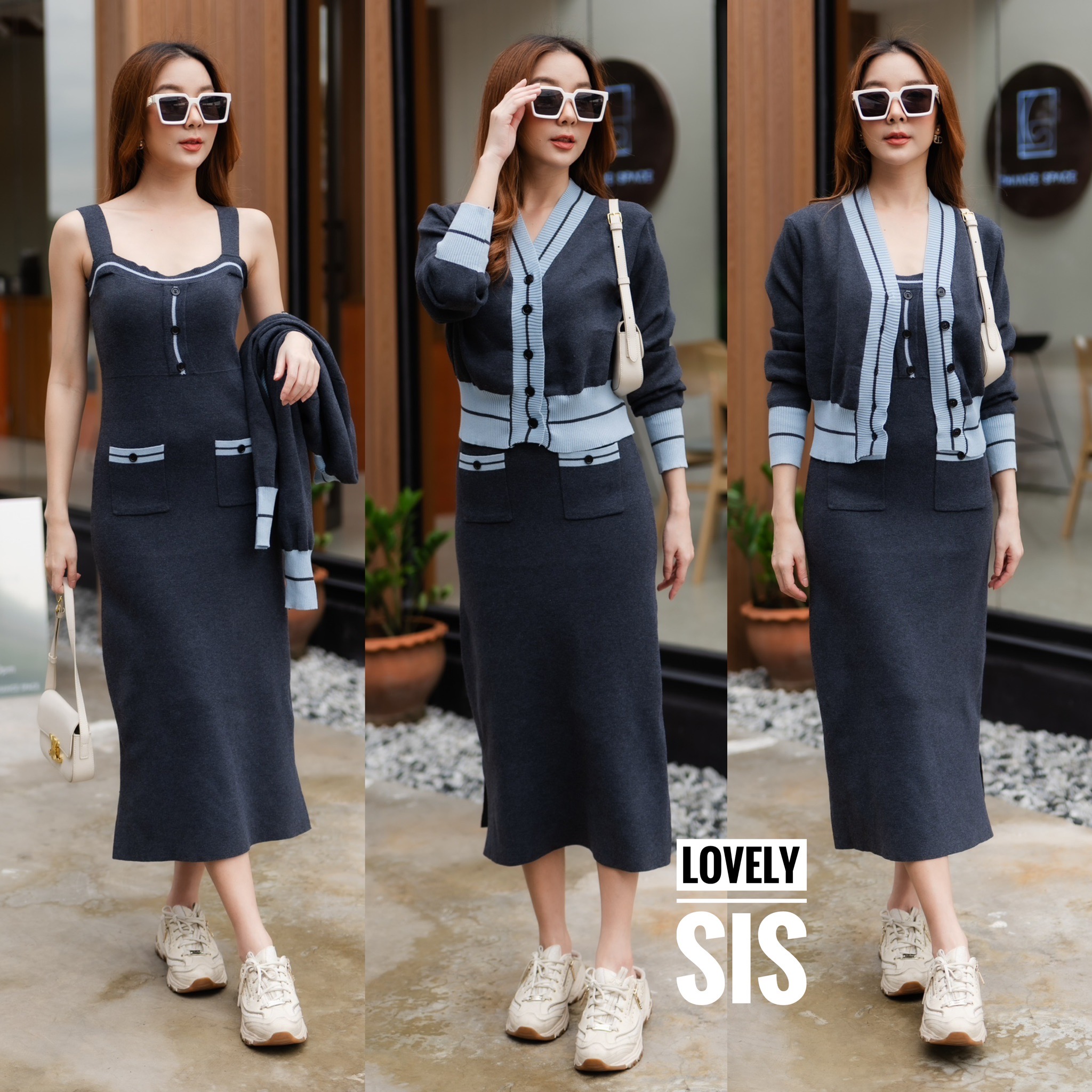 Set 2 pcs เสื้อคลุม Cardigan แขนยาวตัวนอก มาพร้อมเดรสสายเดี่ยวตัวใน งานดีเทลทอสีทูโทน สินค้าคุณภาพ (พร้อมส่ง)