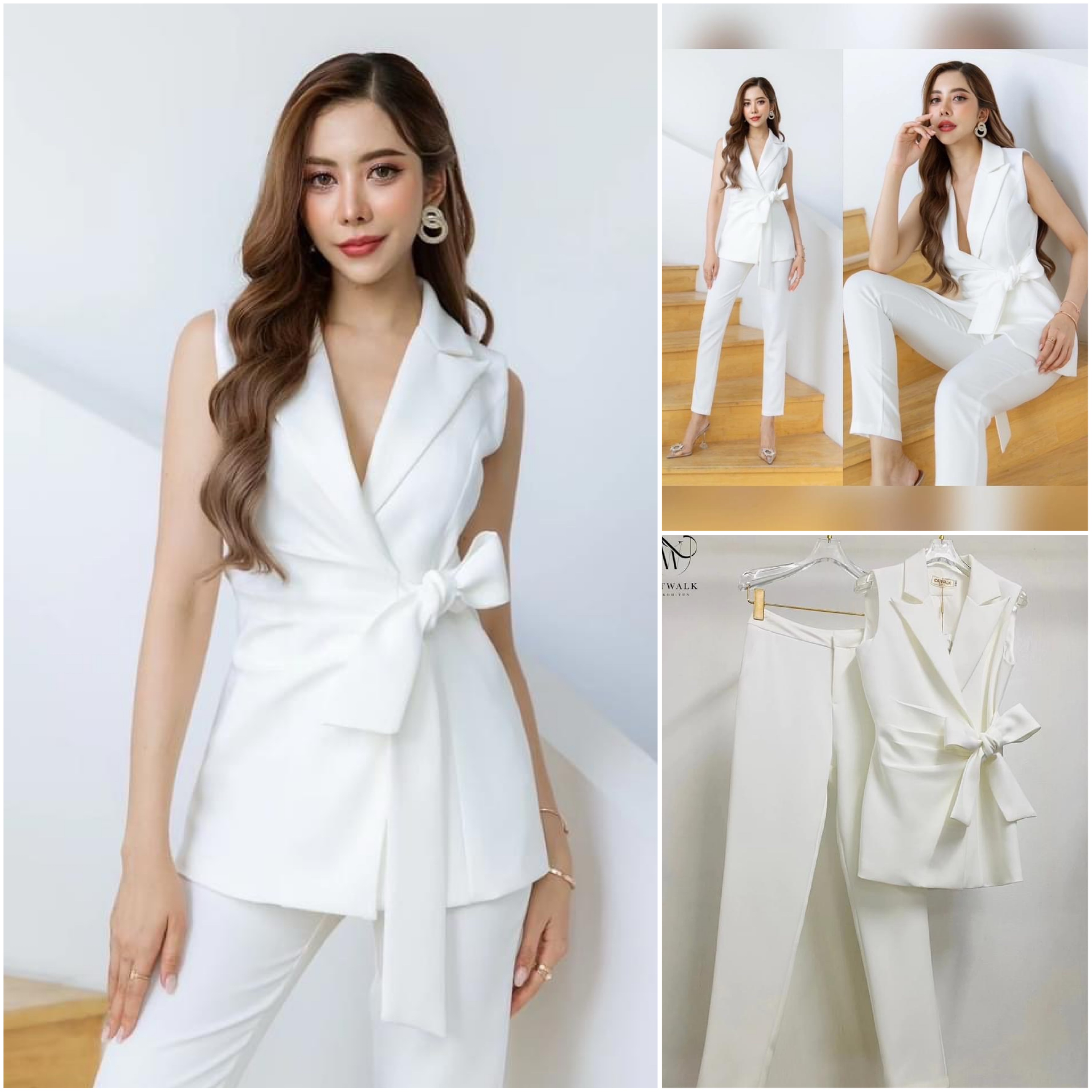 เซตเสื้อสูทแขนกุดผูกโบว์เอว +กางเกงขากระบอกเล็ก เนื้อผ้าสวย เนื้อนุ่มใส่สบาย สินค้าคุณภาพ (พร้อมส่ง)