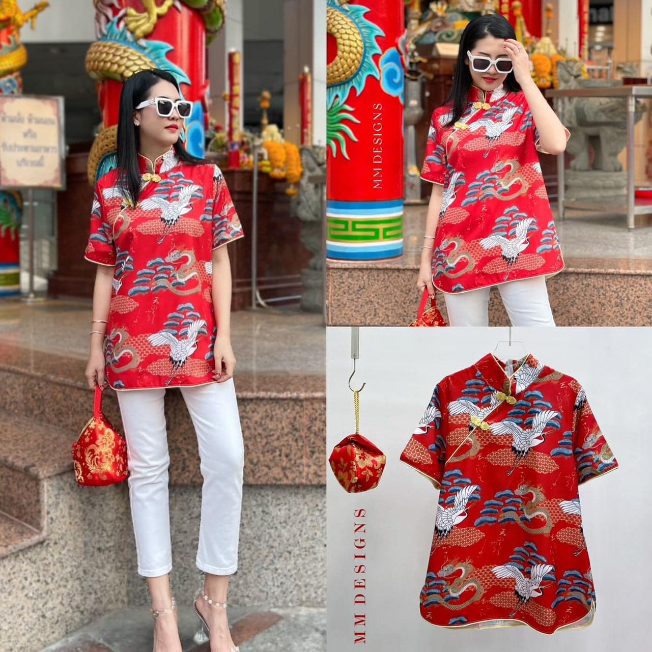 เสื้อกี่เพ้า คอจีนแขนสั้น กุ้นขอบทั้งตัว ตัวเสื้อพิมพ์ลายมังกร สวยมาก ใส่สบาย : สินค้าคุณภาพ (พร้อมส่ง)