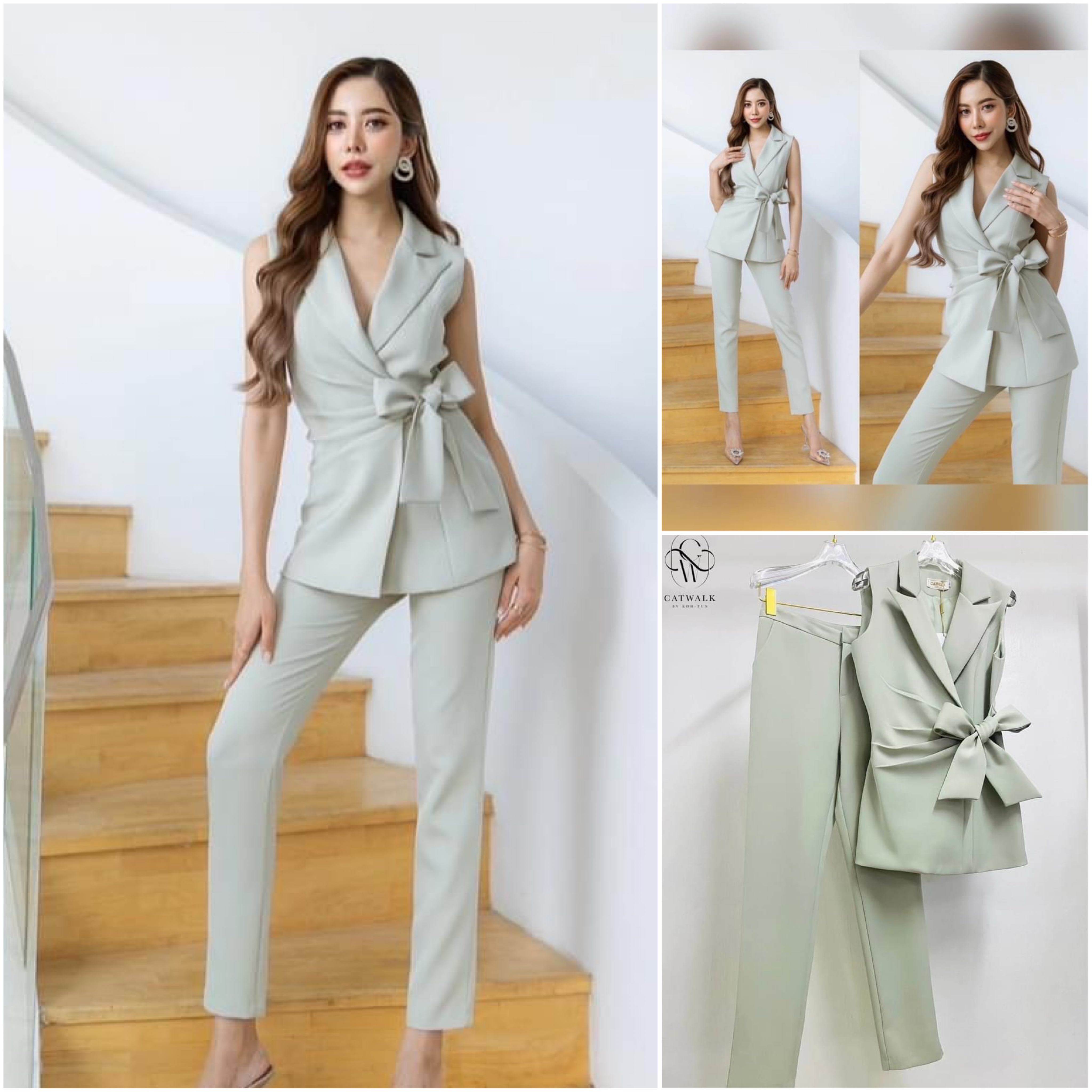 เซตเสื้อสูทแขนกุดผูกโบว์เอว +กางเกงขากระบอกเล็ก เนื้อผ้าสวย เนื้อนุ่ม ใส่สบาย ใส่สบาย สินค้าคุณภาพ (พร้อมส่ง)