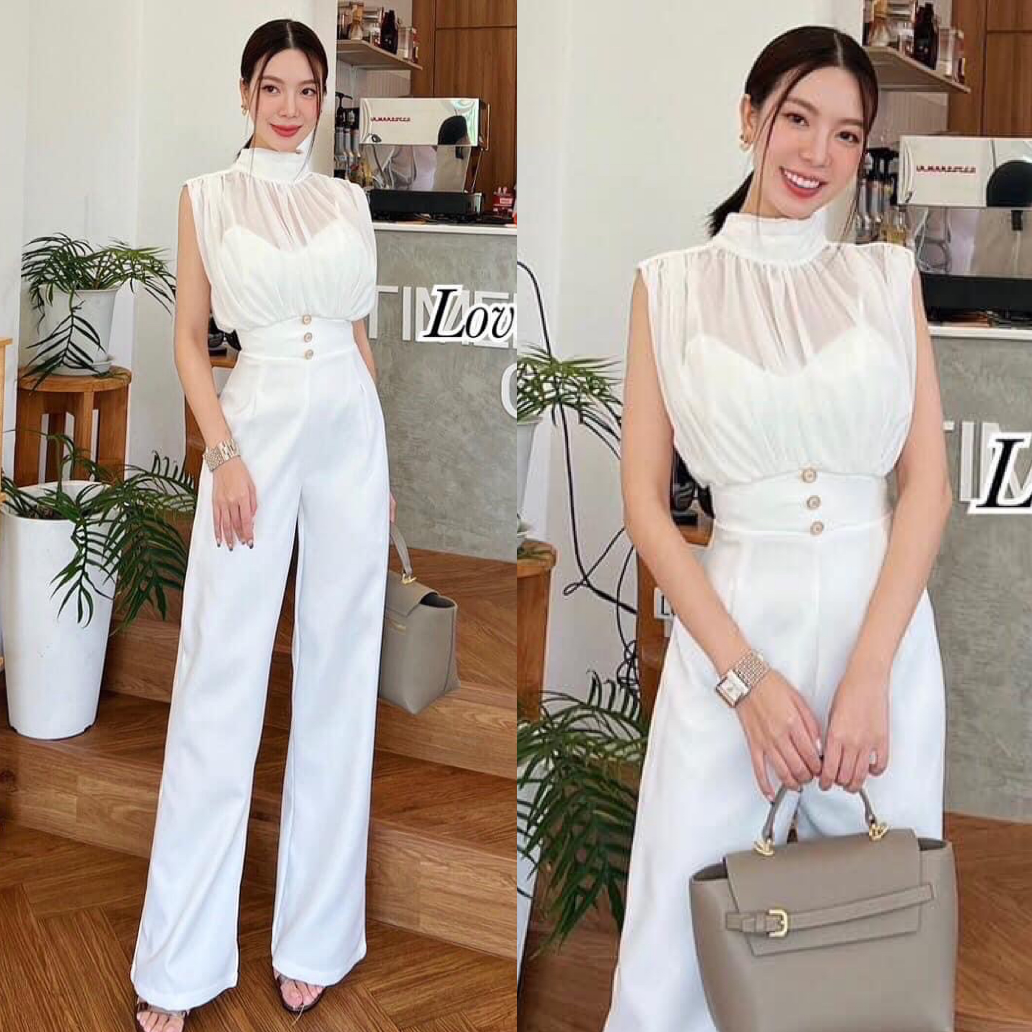 จั้มสูทกางเกงขายาว ช่วงเสื้อเป็นผ้าชีฟองนุ่มๆ ช่วงอกทำซับใน อกมีเสริมฟองน้ำกางเกงทรงขากระบอกกลาง ใส่แล้วดูขายาว สินค้าคุณภาพ (พร้อมส่ง)