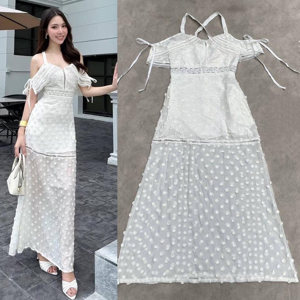 เดรสไหล่ตกสีขาว ดีเท็ลทั้งตัวสงยมาก ด้านหลังเป็นทรงไขว้ แพทเทิ้นสวยมากค่า สวยหรู ดูแพงมากๆ ใส่สบาย : สินค้าคุณภาพ (พร้อมส่ง)