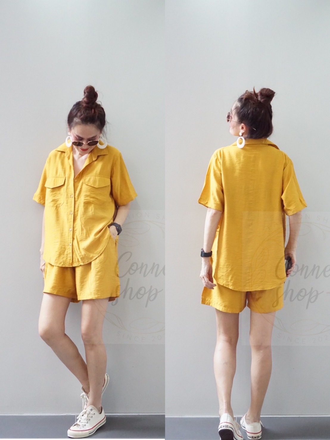 ชุดเซต 2 ชิ้น!!! เสื้อเชิ้ตแขนสั้น แต่งกระเป๋าหน้า ผ้าไหมอิตาลี่ เนื้อนิ่ม มาคู่กับกางขาสั้น เอวยางยืด งานเจาะกระเป๋าข้าง ใส่สบาย : สินค้าคุณภาพ (พร้อมส่ง)