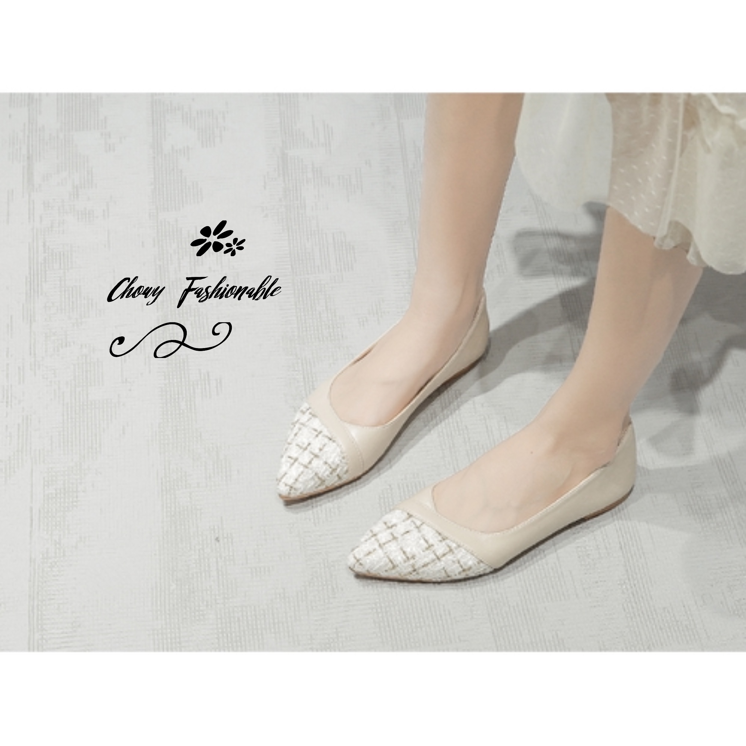 รองเท้าไซส์ใหญ่ 43 (42EU) 8.5US ส้นแบนไซส์ใหญ่ Across Tweed สีครีม KR1014BE