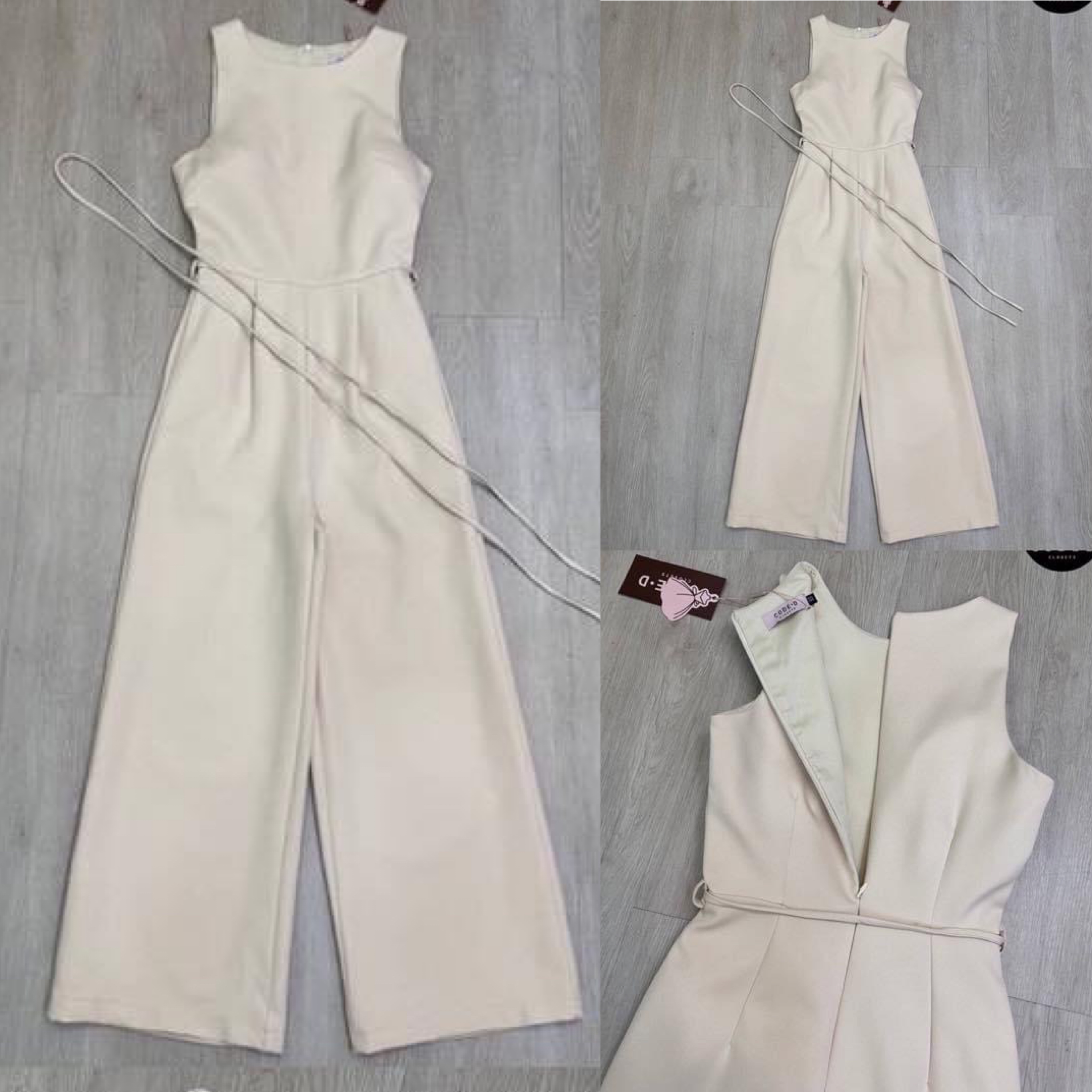 จั้มสูทสีครีมแขนกุดขายาวทรงกระบอก อกเย็บเสริมฟองน้ำ มีซิปหลังมีกระเป๋า2ข้าง มาพร้อมเชือกผูกเอวเก๋ไก๋ ใส่สบาย สินค้าคุณภาพ (พร้อมส่ง)