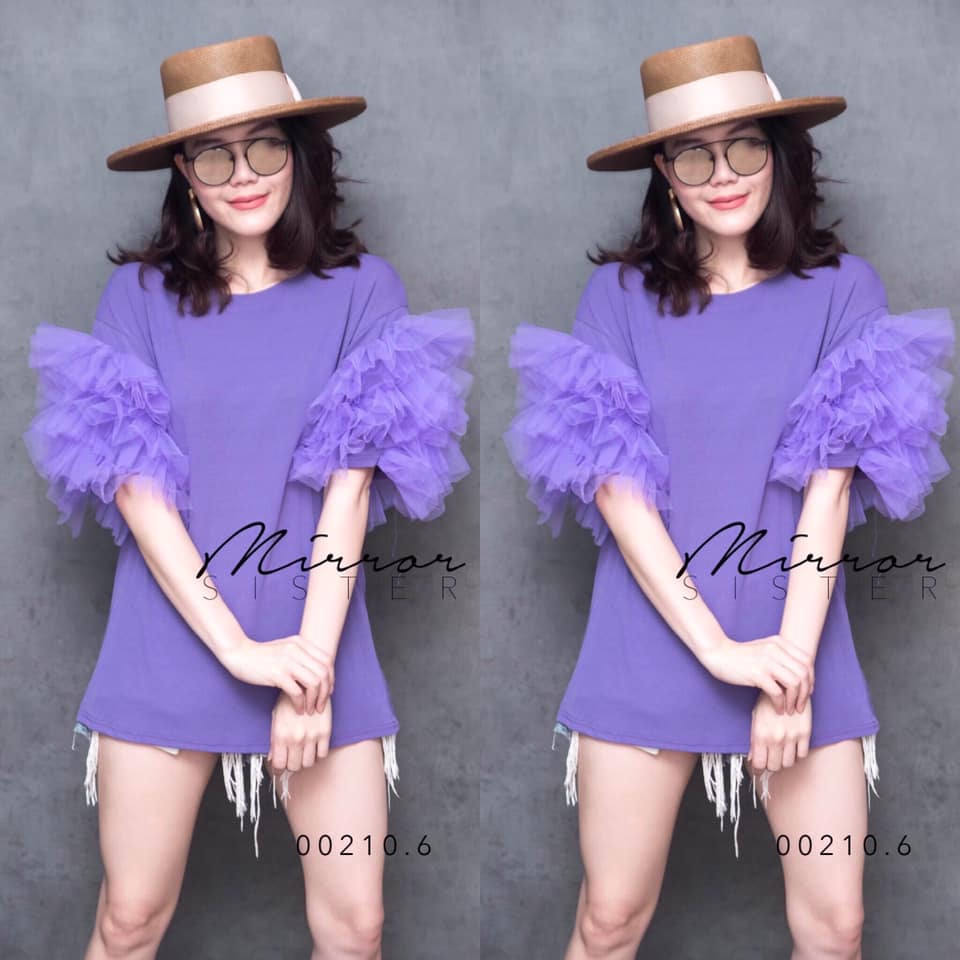 เสื้อยืดแขนสั้นฟู่ฟ่าตัวเก๋! มีดีเทลแต่งระบายฟูฟ่องที่แขน น่ารักที่สุด : สินค้าคุณภาพ (พร้อมส่ง)