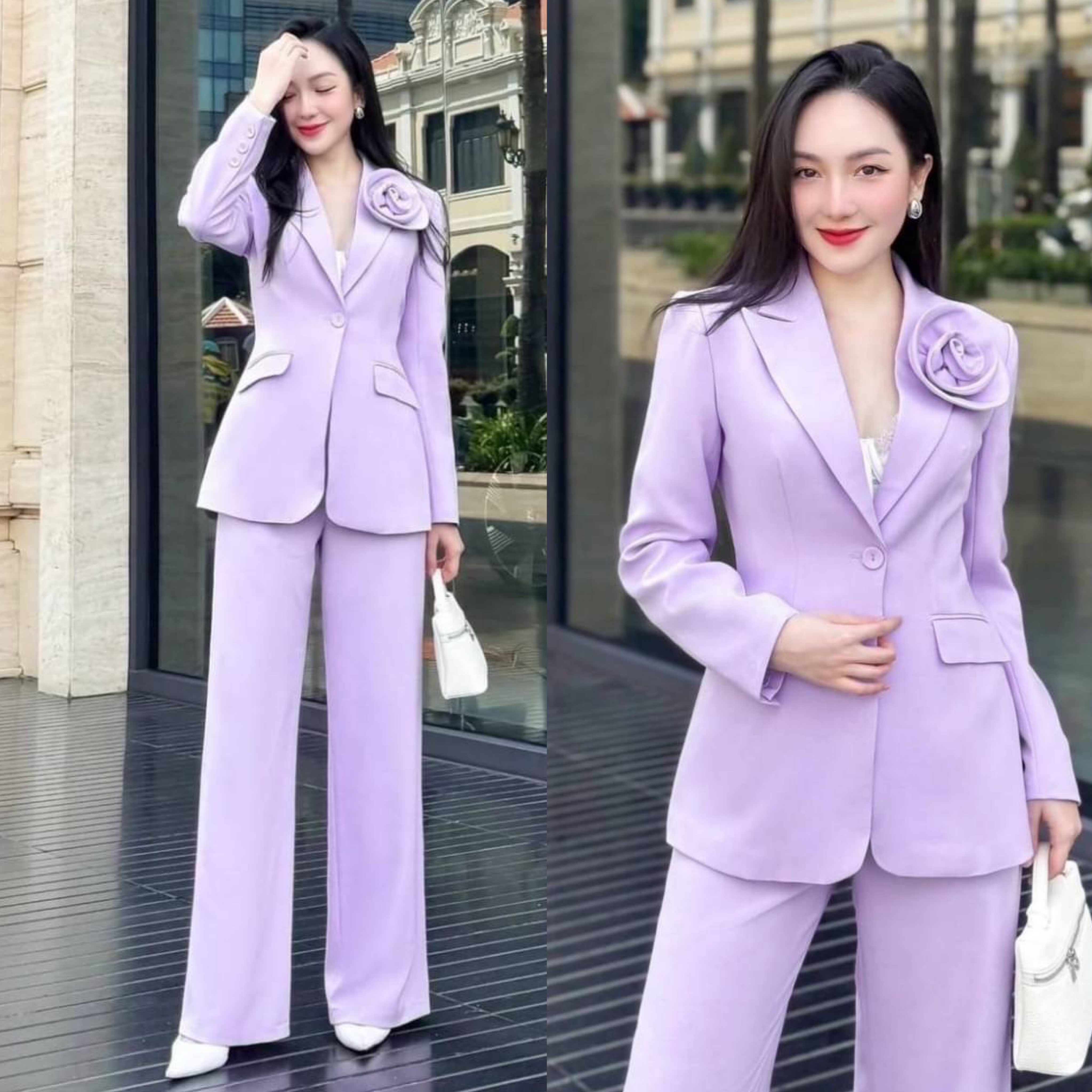 Setสูท 2 ชิ้น สีม่วงขายาวสุดฮิต ฮอตมาก เก๋สุด ผ้าดีชุดนี้คือปังเว่อร์ ทรงบอย ดีไซน์ทรงoversize ใส่สบาย : สินค้าคุณภาพ (พร้อมส่ง)