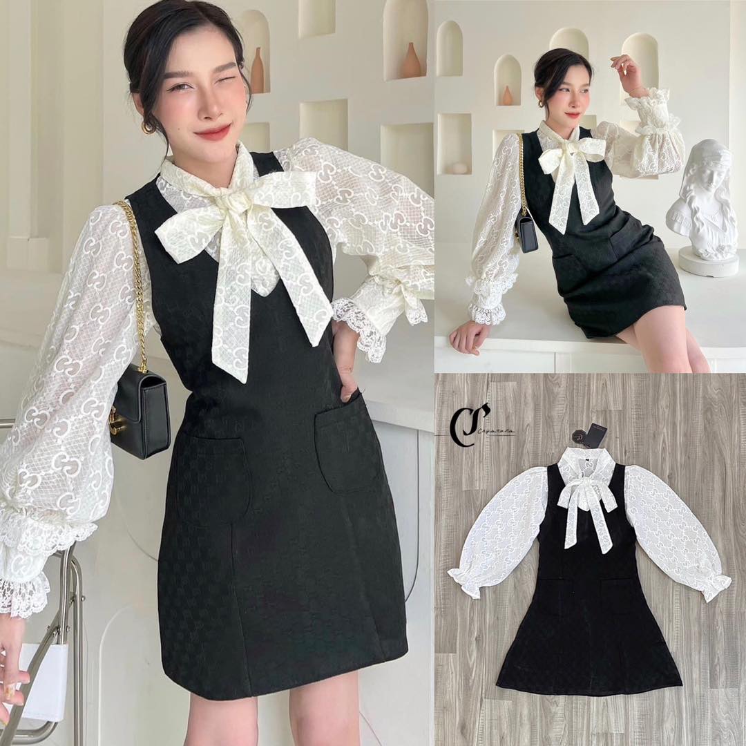 Set2ชิ้น กับมินิเอี๊ยมลายแบรนด์ตัวแรง เสื้อเชิ้ต แขนยาว คอปีน ผูกโบว์ ลายผ้าปักฉลุGG มาคู่กับมินิเดรสทรงเอี๊ยม สีดำ ผ้าปั้มนูนGG เรียบหรู Hi-End . สินค้าคุณภาพ (พร้อมส่ง)