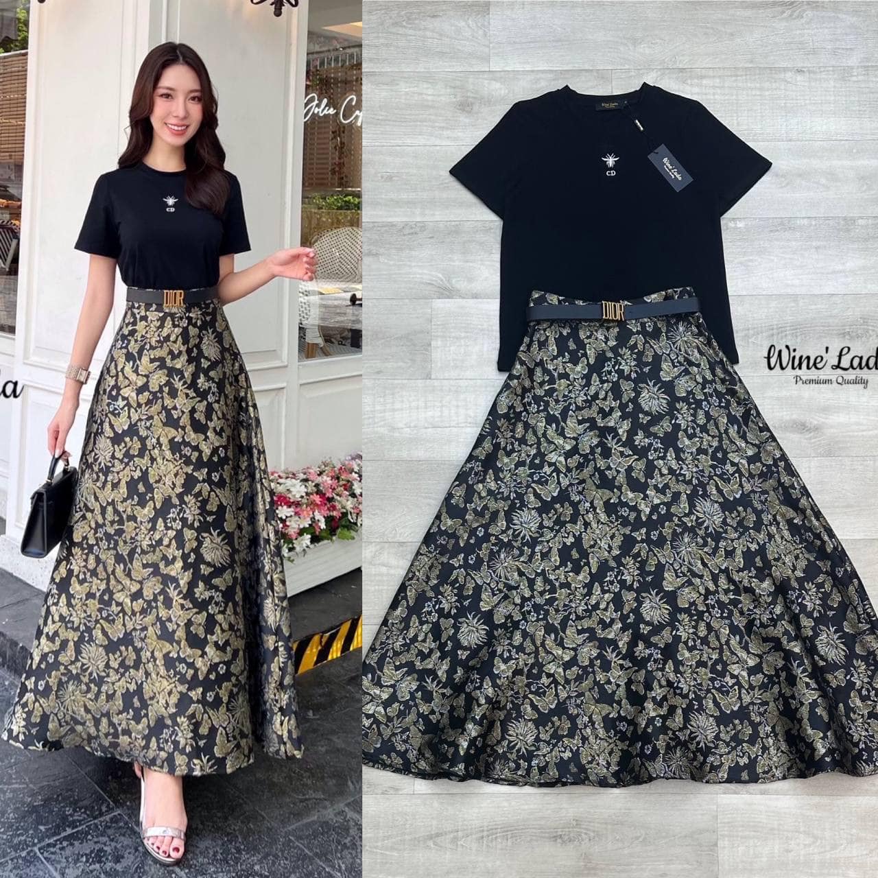 Set 3 Pcs. เช็ทเสื้อยืดปักตรงอก มาพร้อม กระโปรงยาวผ้าดิ้นทอทั้งตัว มีเข็มขัดตะโกนตัวแม่ สากค่ะ โคตรดีย์ สวยหรู ใส่สบาย : สินค้าคุณภาพ (พร้อมส่ง)