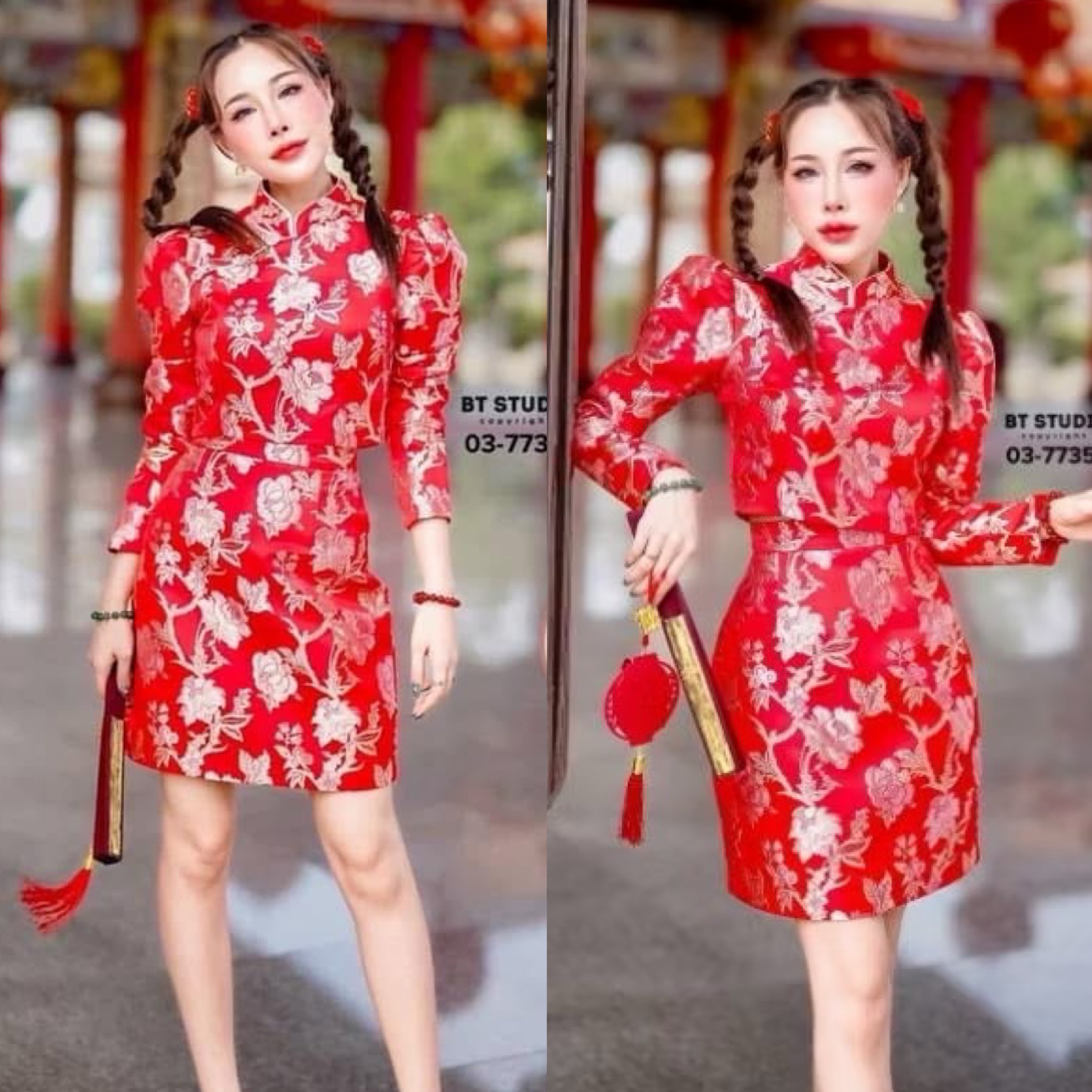 เซท 2 ชิ้น เสื้อครอปสั้นแขนยาวคอจีน แต่งกระดุมเพชร แมทซ์กับกระโปรงสั้น งานผ้าทอ ลายดอกกุหลายปักสวยงามมาก ใส่สบาย : สินค้าคุณภาพ (พร้อมส่ง)