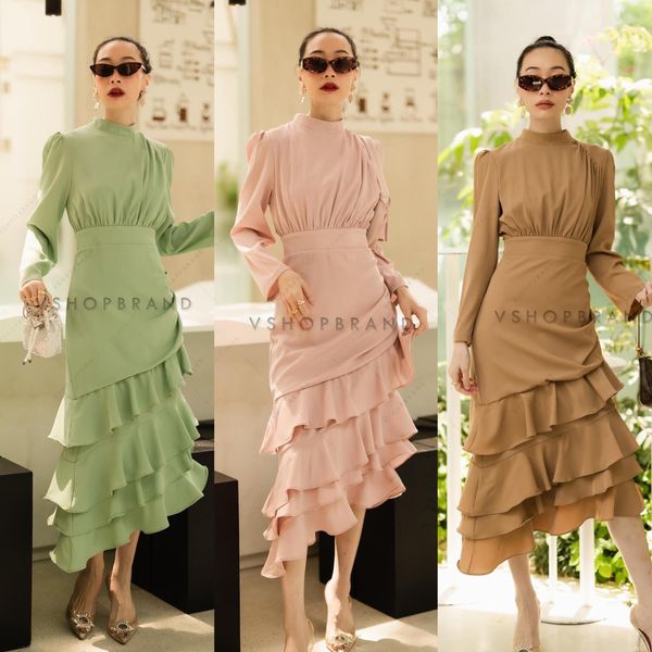 เดรสคอปีนแขนยาว กระโปรงแต่งระบายเป็นชั้น ๆ 👍🏻 สินค้าคุณภาพ (พร้อมส่ง)