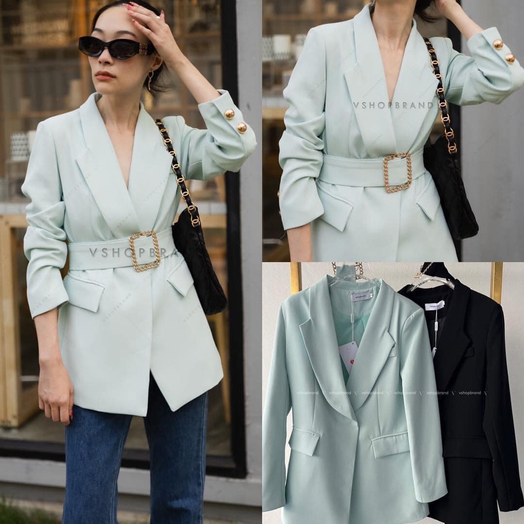 Blazer สูทกระดุมแป็ก กระดุมทองแขน + เข็มขัดผ้า : สินค้าคุณภาพ (พร้อมส่ง)