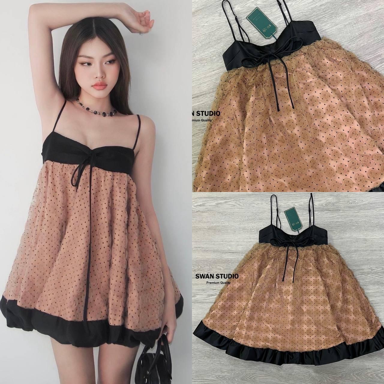 เดรสสายเดี่ยวทูโทน แต่งผ้าสีดำ ช่วงขอบบนและชายเดรส ช่วงกลางใช้ผ้า ดอกไม้ 3D สีน้ำตาล ทรงพองๆ ใส่ง่าย พรางหุ่น ใส่สบาย สินค้าคุณภาพ (พร้อมส่ง)