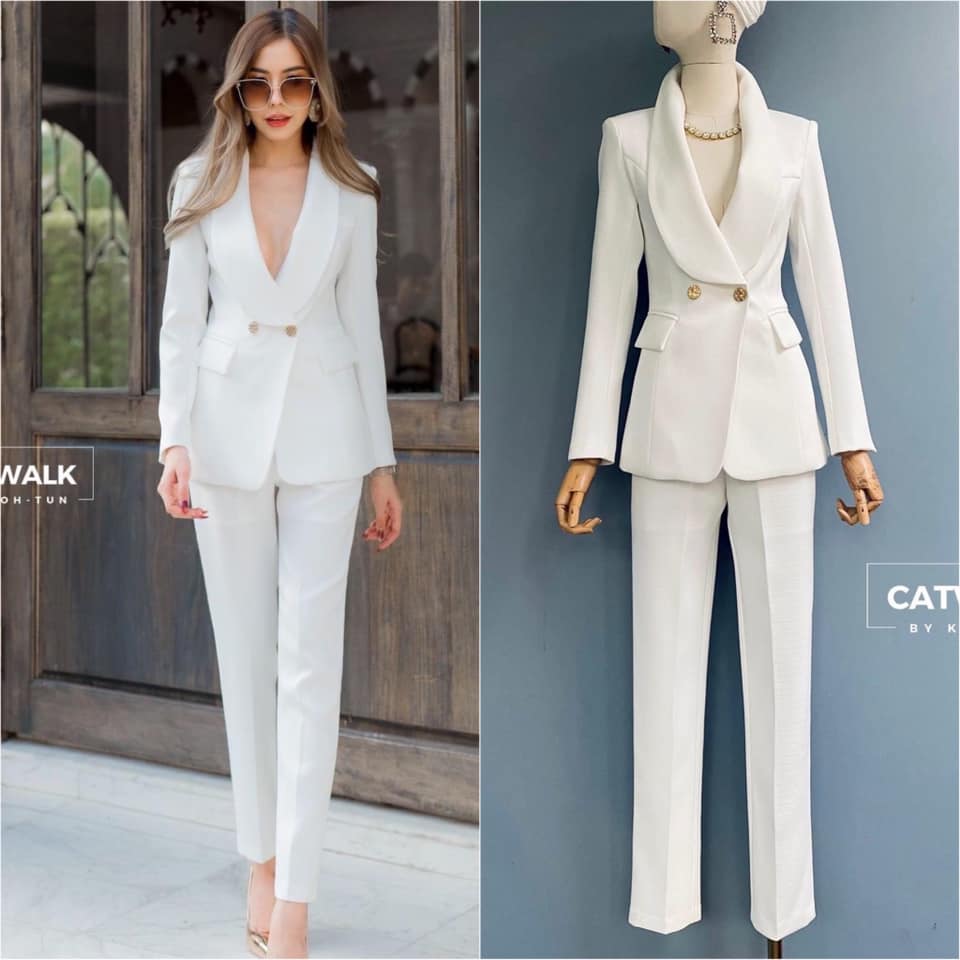 เซตเบลเซอร์คอกล้วย+กางเกงขายาวทรงสวย เนื้อผ้าสวยมาก เป็นผ้าลายทอ ตัวเบลเซอร์เป็น ทรงเข้ารูป สินค้าคุณภาพ (พร้อมส่ง)