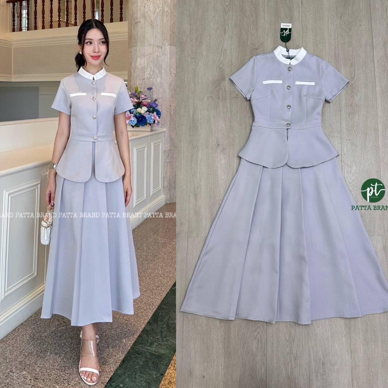 Set 2 ชิ้นสีเทา เสื้อตัวยาวดีไซน์คอจีนแขนสั้น ด้านหน้ามีกระดุมเรียงยาวใช้งานได้จริง ช่วงอกแต่งขอบกระเป๋าหลอกเก๋ๆ ชายเสื้อแหวก มาพร้อมกับกระโปรงยาวจับจีบใหญ่พริ้วรอบตัว ใส่สบาย : สินค้าคุณภาพ (พร้อมส่ง)