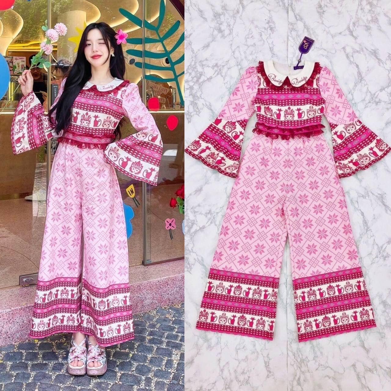 จั้มสูทแขนบาน ขาบาน เอวเย็บระบายด้วยลูกไม้ ตัวจั้มคอบัว งานซิปหลัง ไม่รั้งเป้า เนื้อผ้าเปเป้พิมพ์ลาย โทนสีชมพู ใส่สบาย : สินค้าคุณภาพ (พร้อมส่ง)