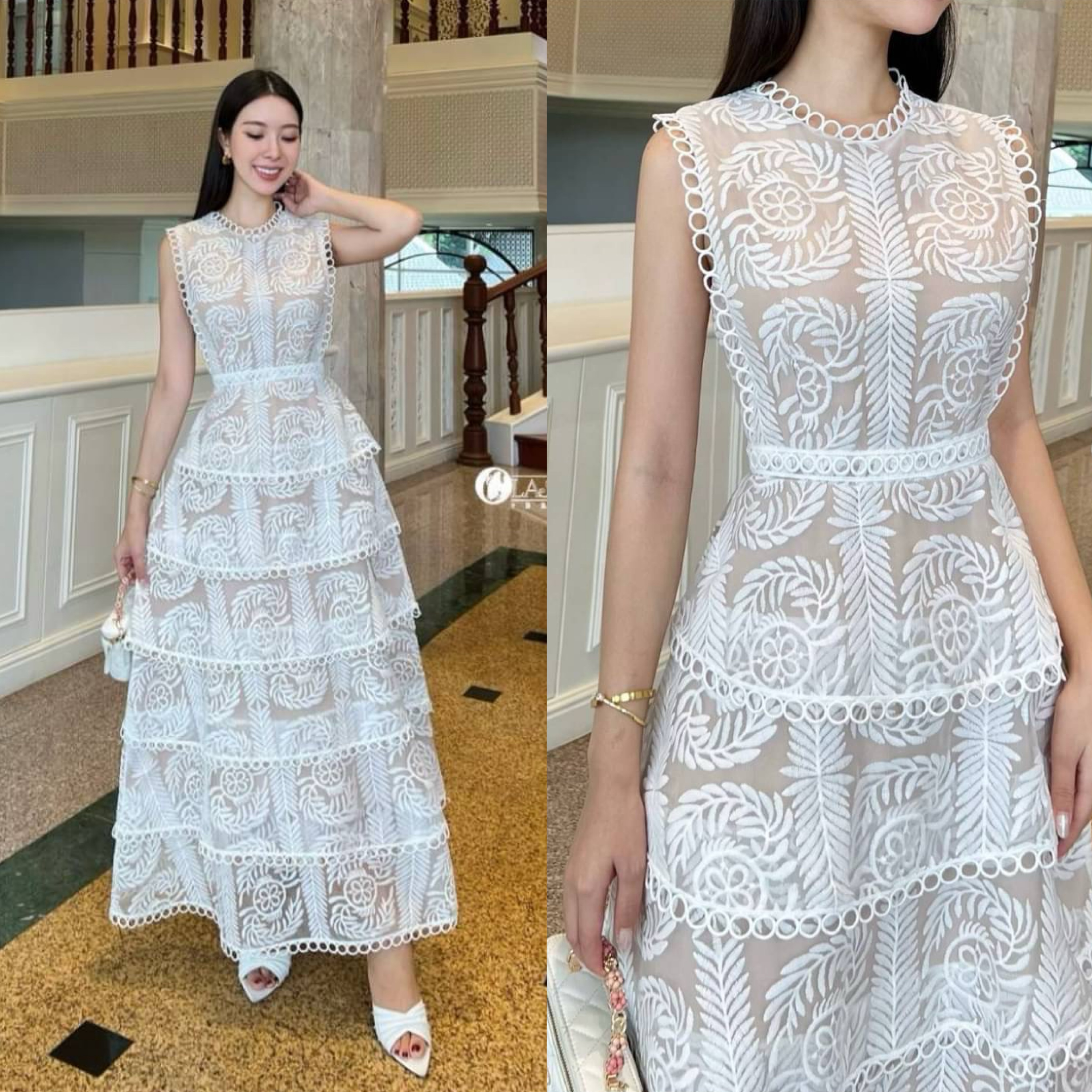 ชุดเดรสกระโปรงยาว แขนกุด ผ้าลูกไม้ ซีทรูมีลวดลาย แต่งฉลุ ช่วงกระโปรงไล่ระดับเป็น ชั้น ๆ มีฟองน้ำและซับในสีเนื้อตัดกันอย่างสวย ใส่สบาย : สินค้าคุณภาพ (พร้อมส่ง)