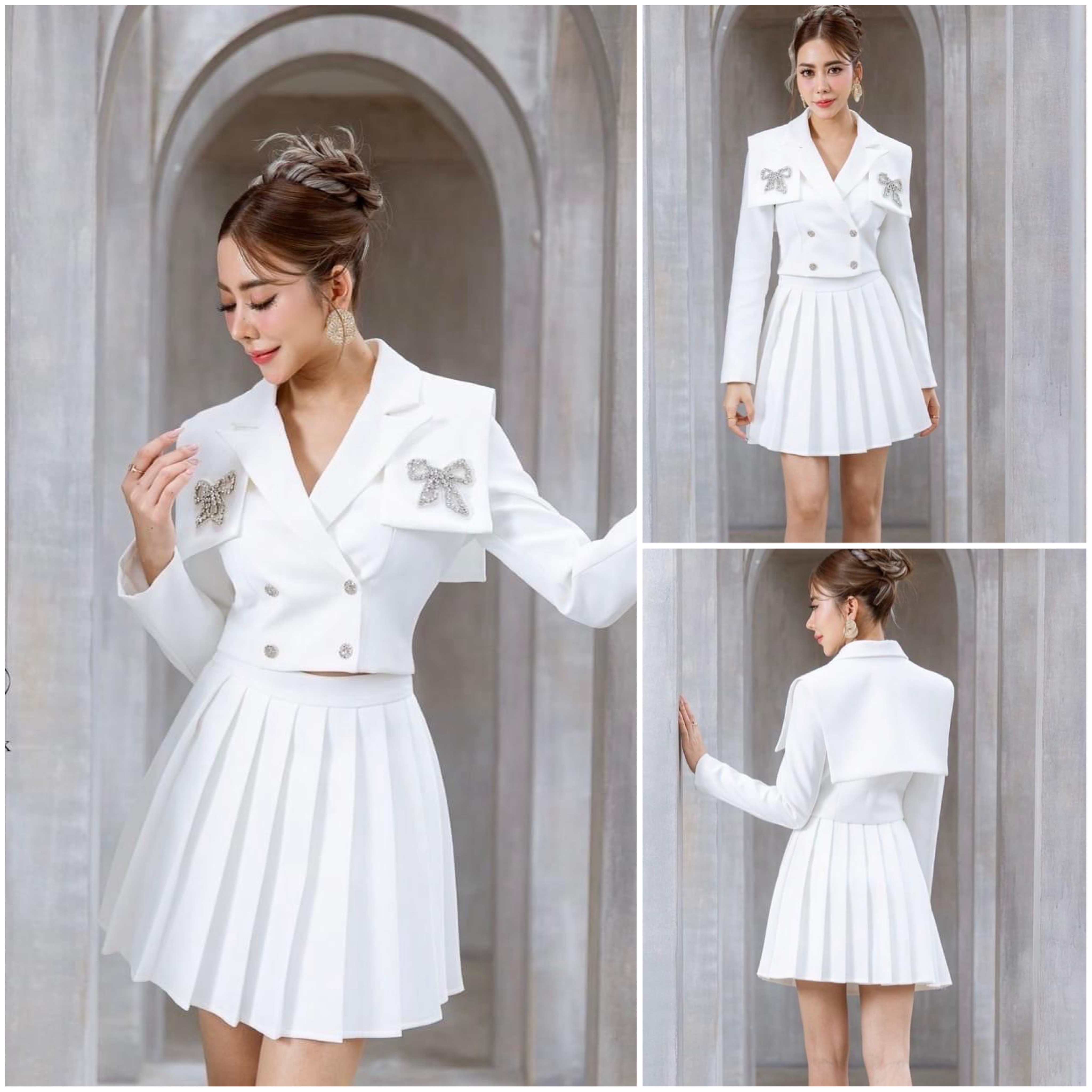 เซตเสื้อครอปสูทแต่งโบว์เพชร+กระโปรง จีบรอบ เนื้อผ้าเกรดเอ ใส่สบาย สินค้าคุณภาพ (พร้อมส่ง)