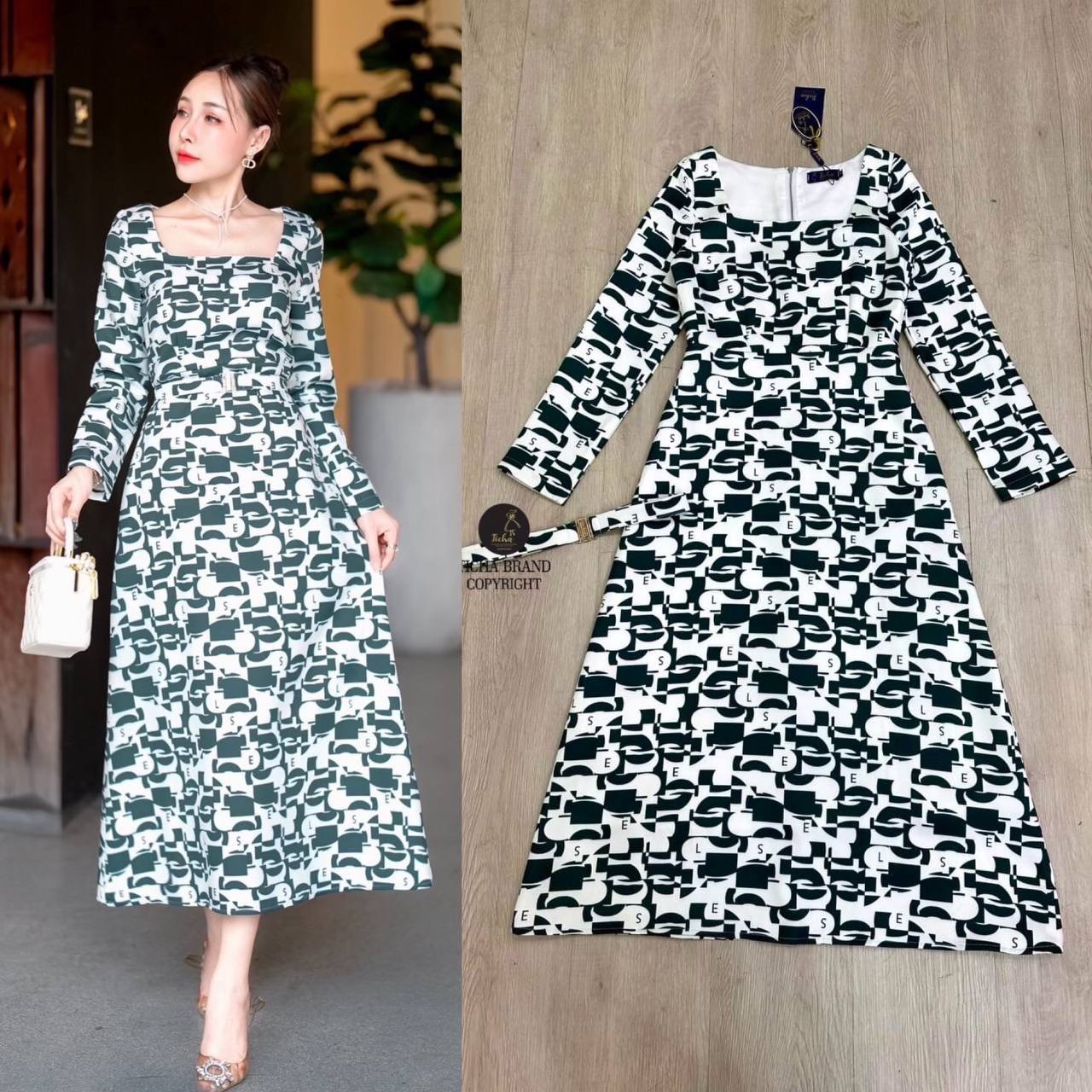 เดรสแขนยาวพิมพ์ลายกาฟฟิกสีเขียว มาคู่เข็มขัดเพิ่มมิติให้กับชุด แต่งผ่าหลังเล็กน้อยทรงเข้ารูปสวย มีซิปหลัง สินค้าคุณภาพ (พร้อมส่ง)