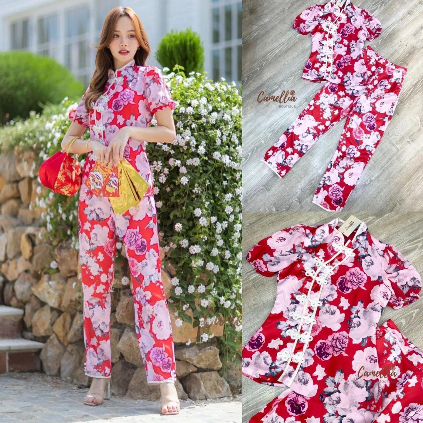 ชุดSet กี้เพ้าลายดอกกุหลาบ เสื้อทรงแขนตุ๊กตาแต่งกระดุมจีน เป็นแทบไล่ลงมาที่ช่วงอก มาพร้อม กางเกงขายาวลายเดียวกับชุด : สินค้าคุณภาพ (พร้อมส่ง)