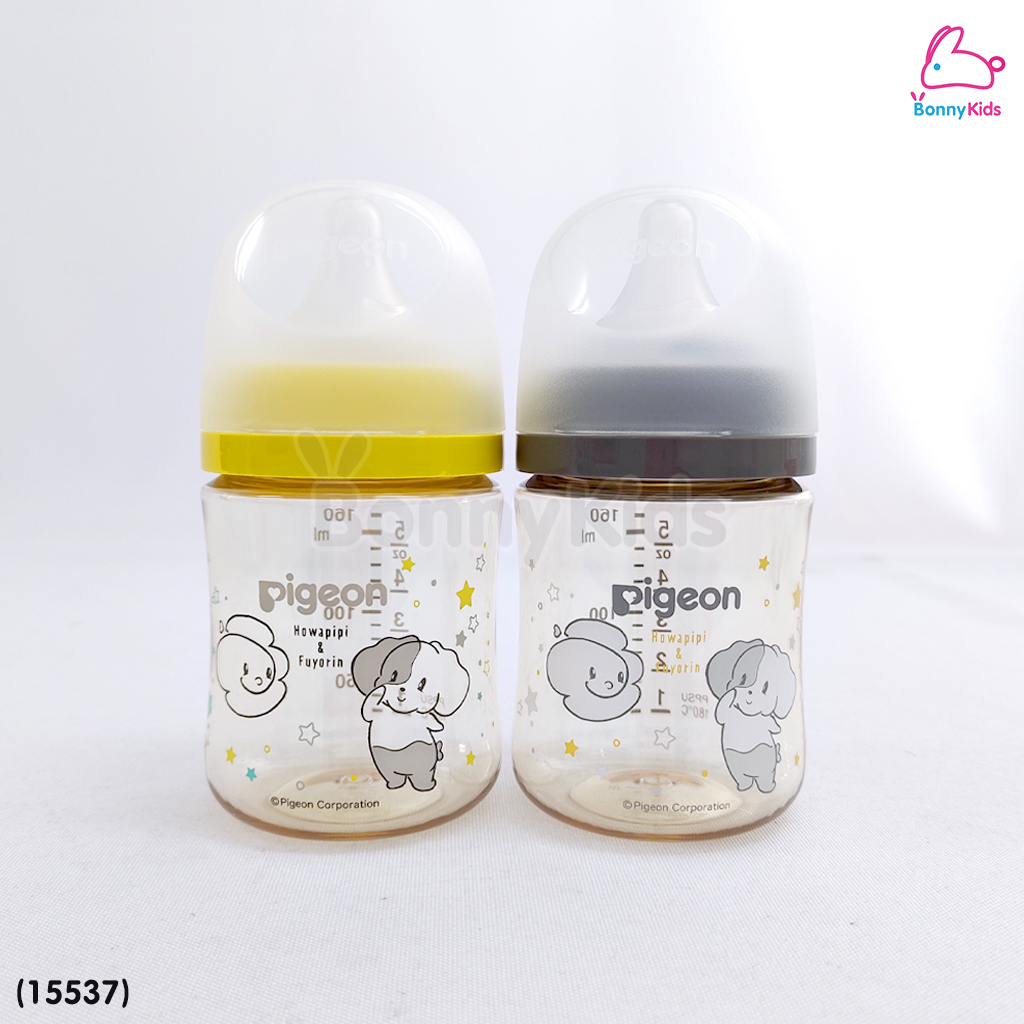(15537) Pigeon (พีเจ้นท์) SofTouch PPSU ขวดคอกว้างสีชา 5oz แพ็ค 2 ขวด ลายHowapipi (0m+)