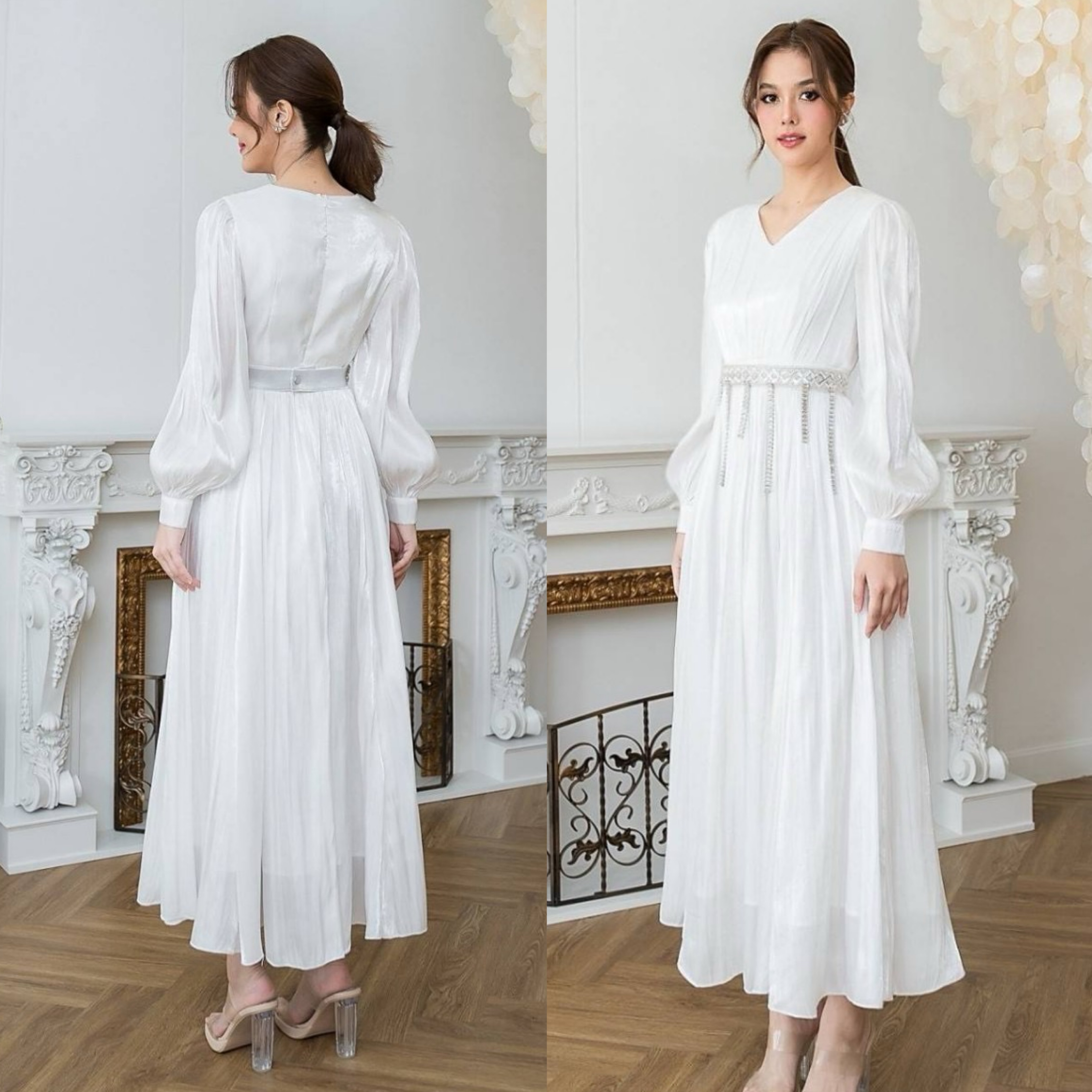 แม็กซี่เดรสเสื้อคอวีแขนยาว กระโปรงบาน +เข็มขัด ใส่สบาย : สินค้าคุณภาพ (พร้อมส่ง)