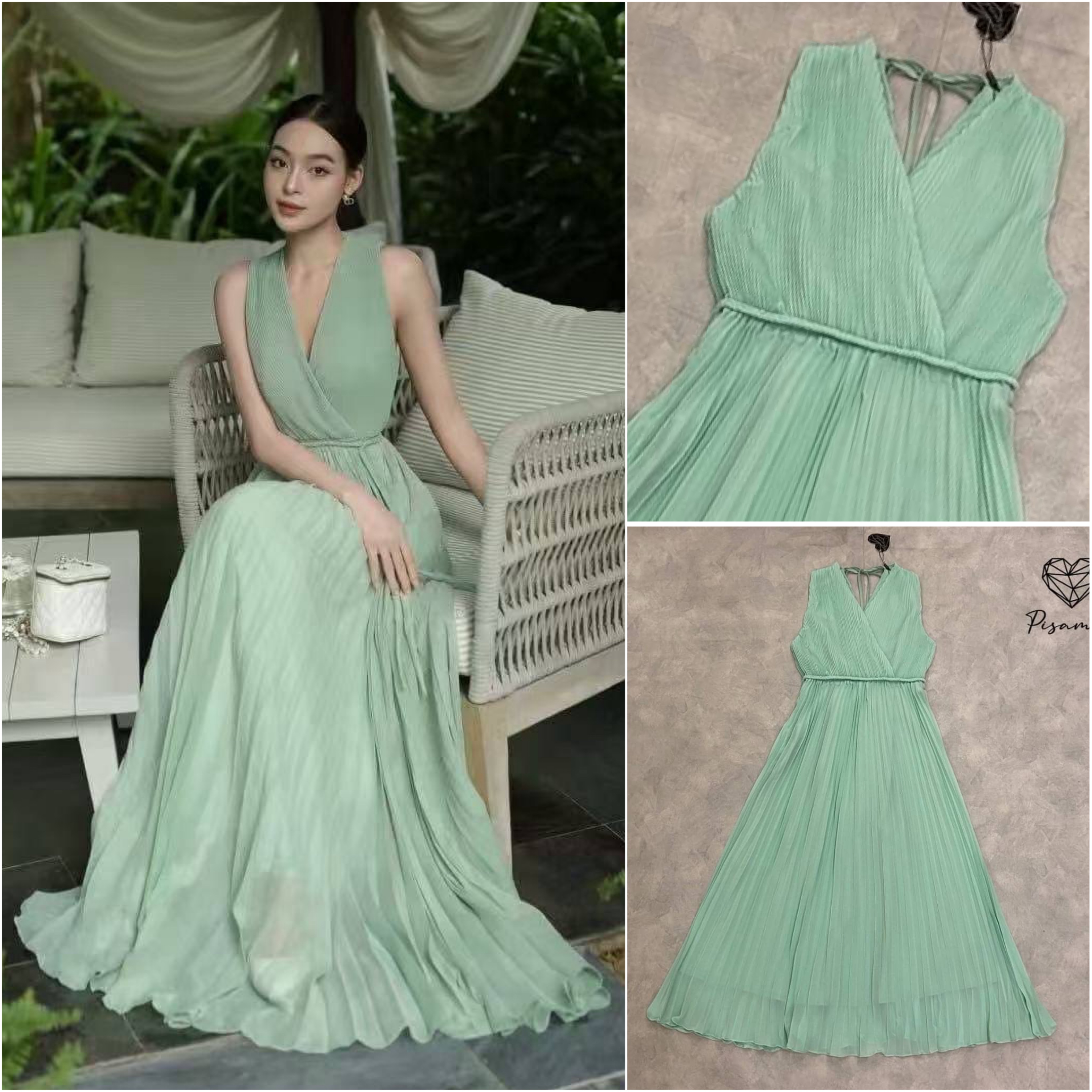 เดรสแขนกุดพลีตสีเขียวตัวยาว มาพร้อมเชือกสานผูกเอว ใส่สบาย : สินค้าคุณภาพ (พร้อมส่ง)