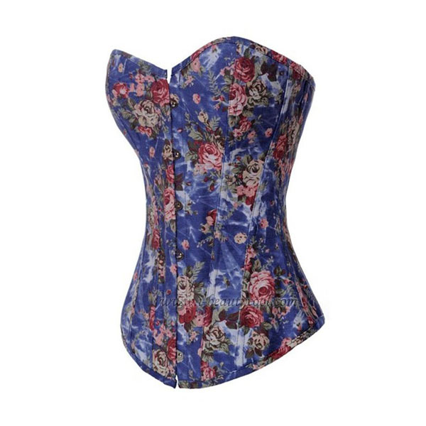 Corset คอร์เซ็ท เกาะอก สีฟ้าแต่งลายดอกกุหลาบแดง